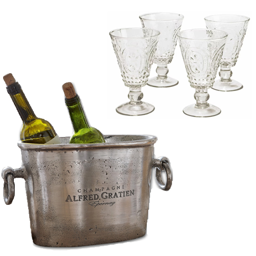 Seau à champagne en métal avec deux bouteilles et quatre verres en verre transparent décoré