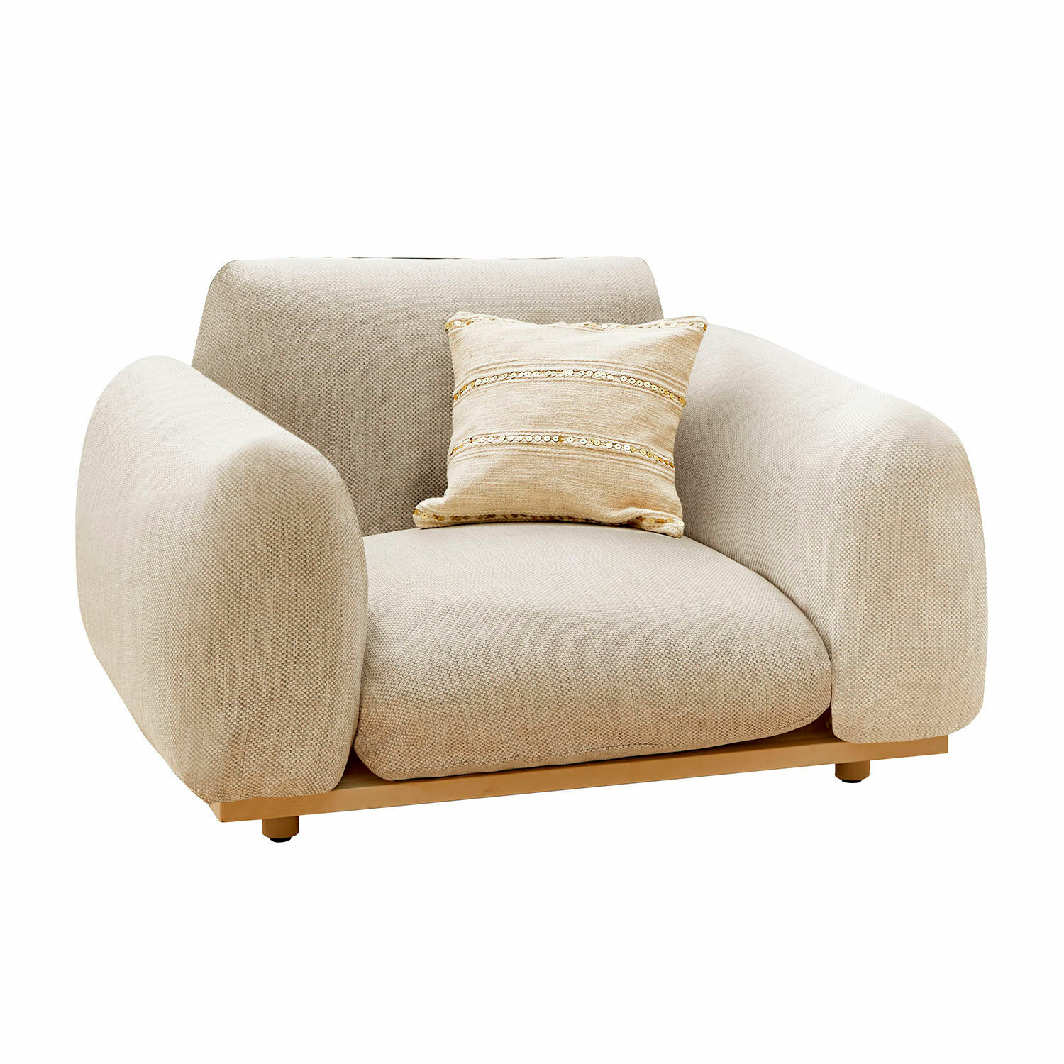 Fauteuil Savinard Fauteuil beige en tissu doux avec coussin décoratif sur base en bois pour salon moderne