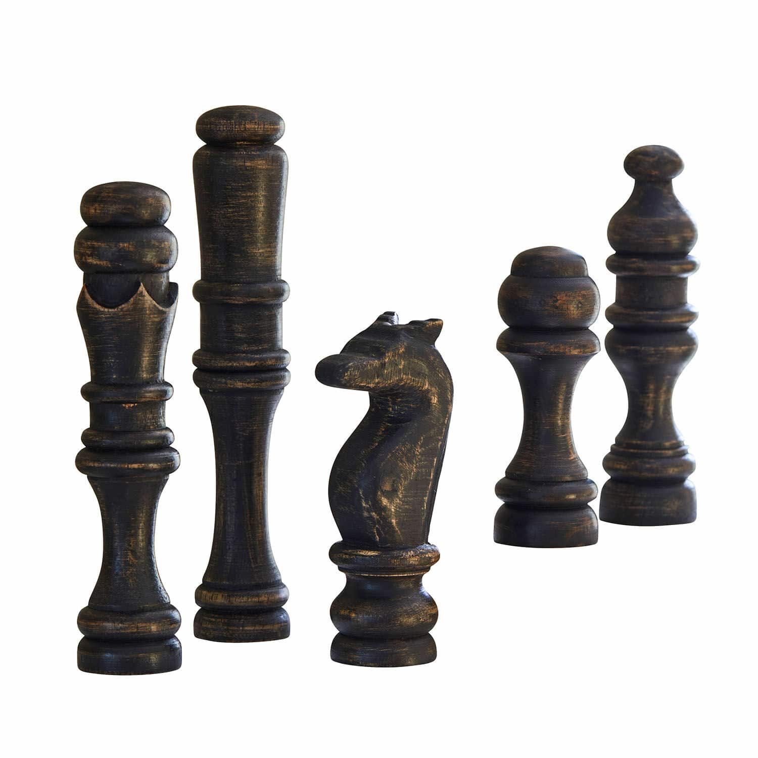 Lot de 5 objets décoratifs Guillemineau Ensemble de cinq grandes pièces d'échecs en bois noir vieilli, décoration élégante pour table