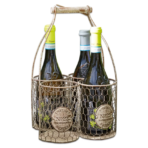 Porte-bouteilles en métal pour quatre bouteilles avec poignée, design rustique pour rangement pratique.