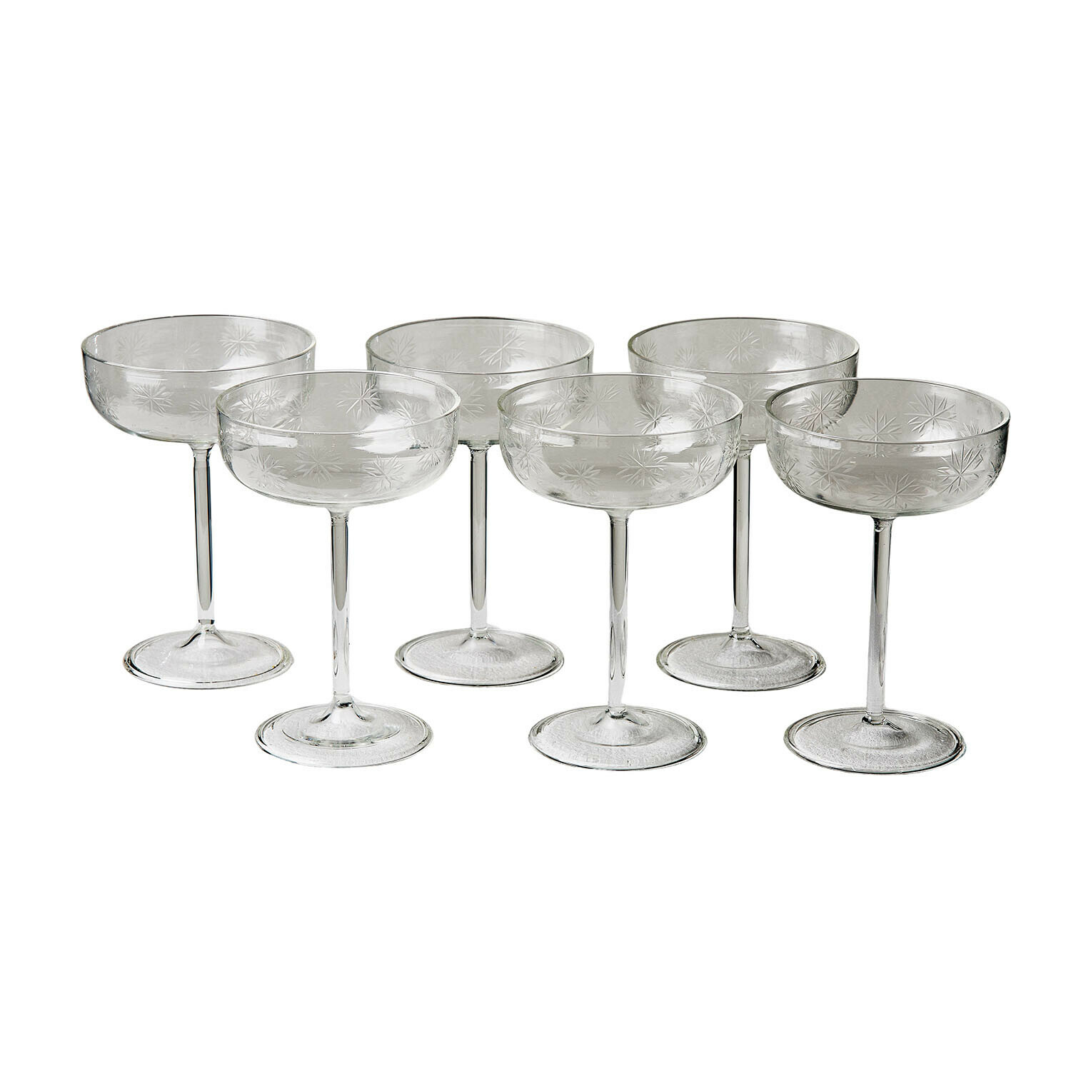Lot de 6 verres Haverly Ensemble de six coupes à champagne en verre transparent avec motif étoilé délicat