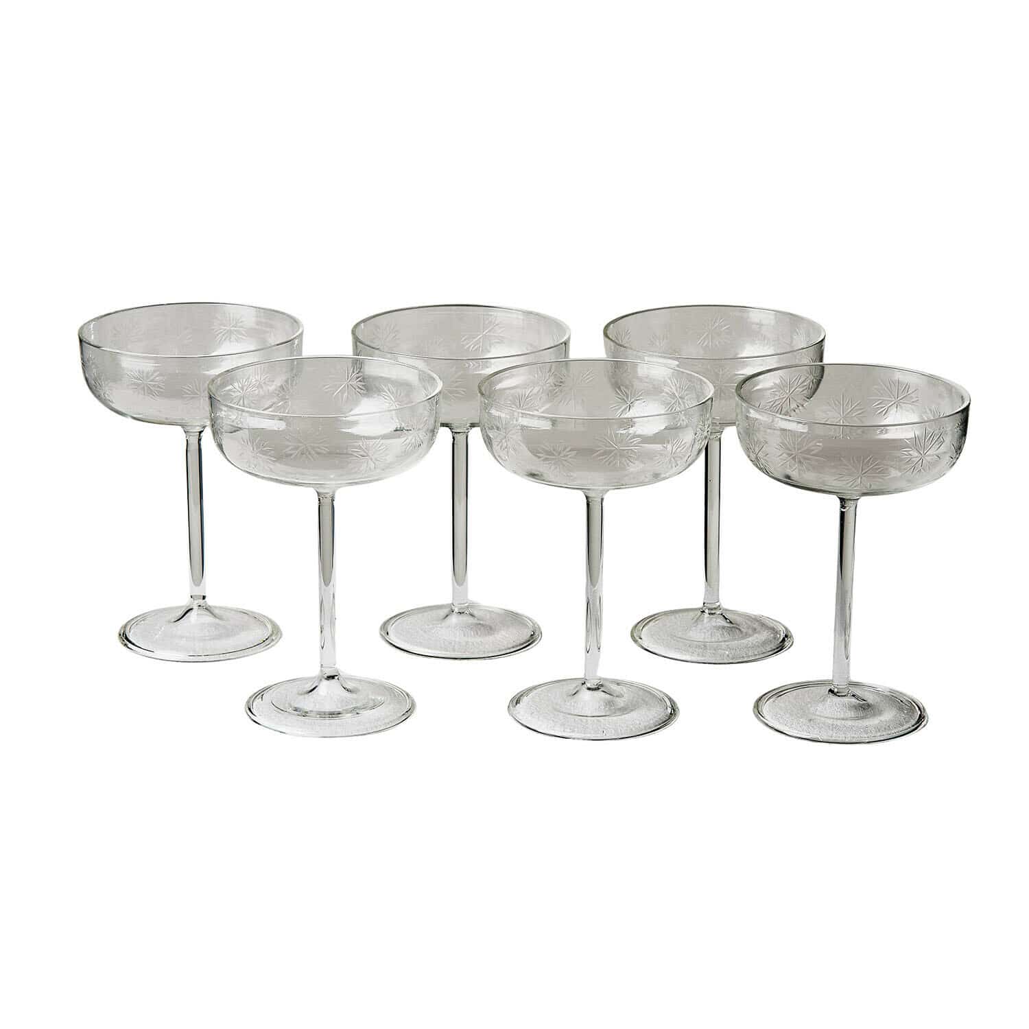 Lot de 6 verres Haverly Ensemble de six coupes à champagne en verre transparent avec motif étoilé délicat