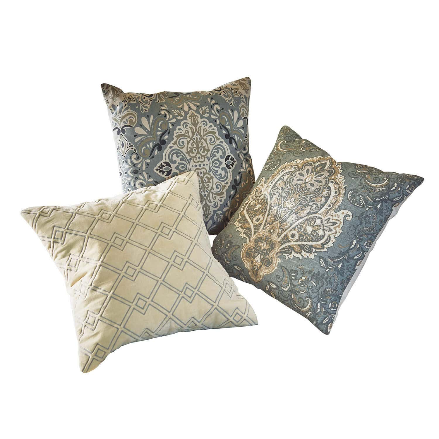 Lot de 3 housses de coussins Madalena Ensemble de trois coussins décoratifs avec motifs beige et bleu pour salon confortable