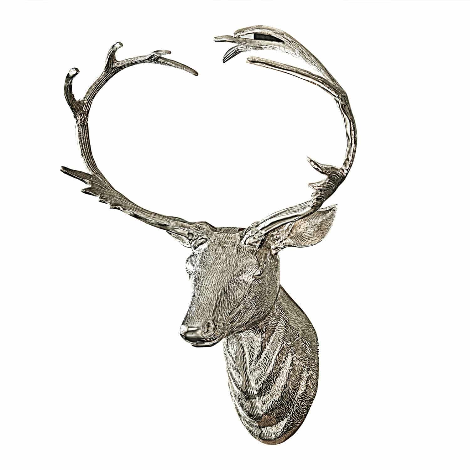 Tête de cerf décorative Amirak Tête de cerf murale argentée en métal avec grandes cornes, décoration intérieure élégante