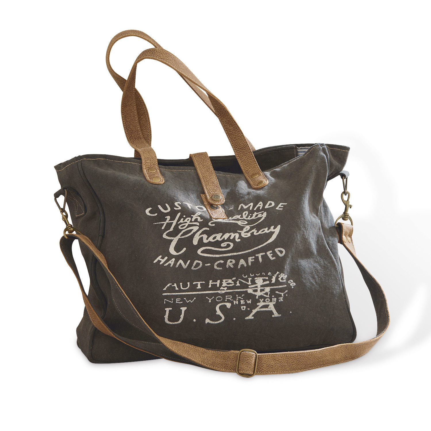 Sac Kamjenia Sac en tissu gris foncé avec poignées marron clair et impression vintage sur le devant