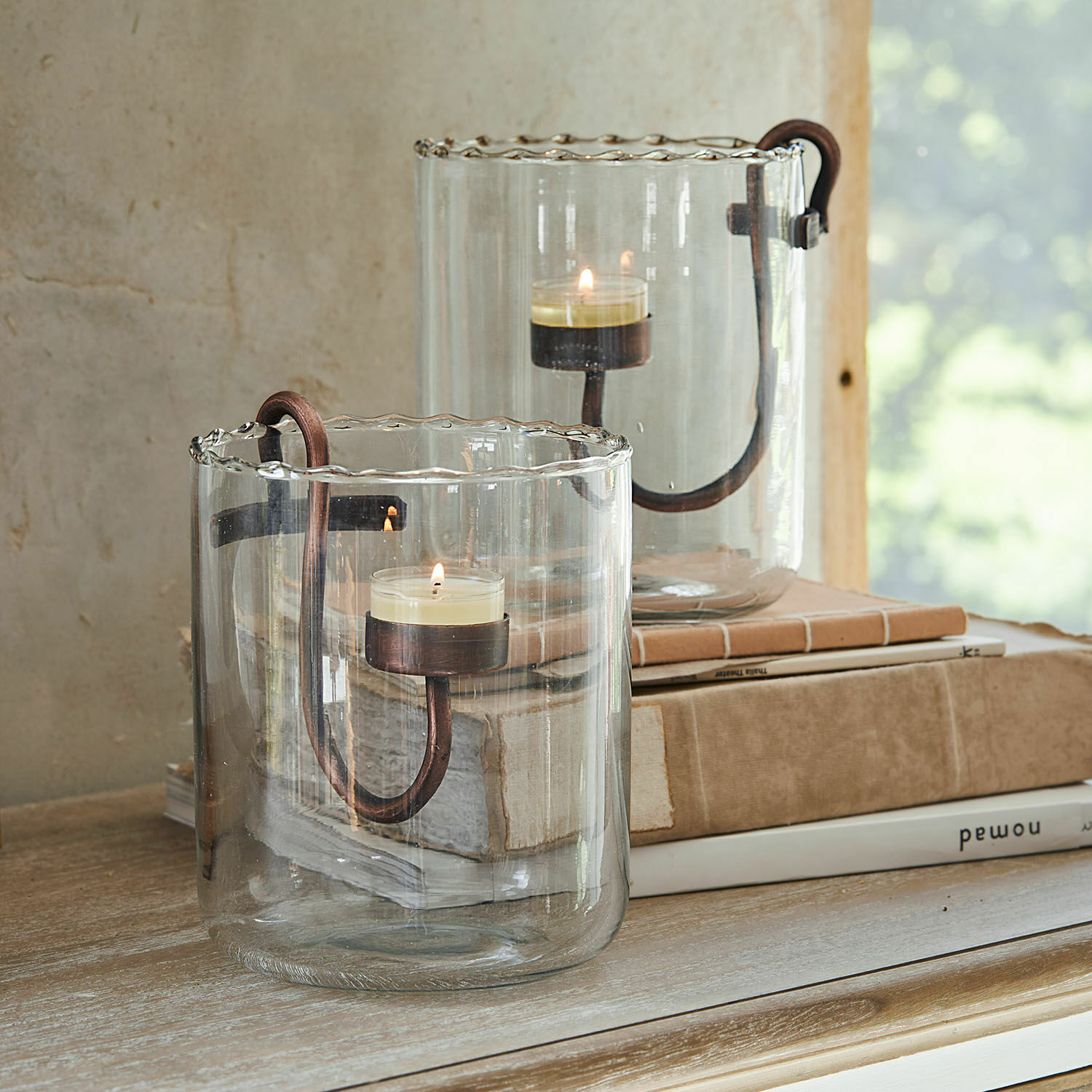 Lot de 2 photophores Lynn Photophore en verre avec poignée en métal cuivré pour bougie blanche, décoration intérieure