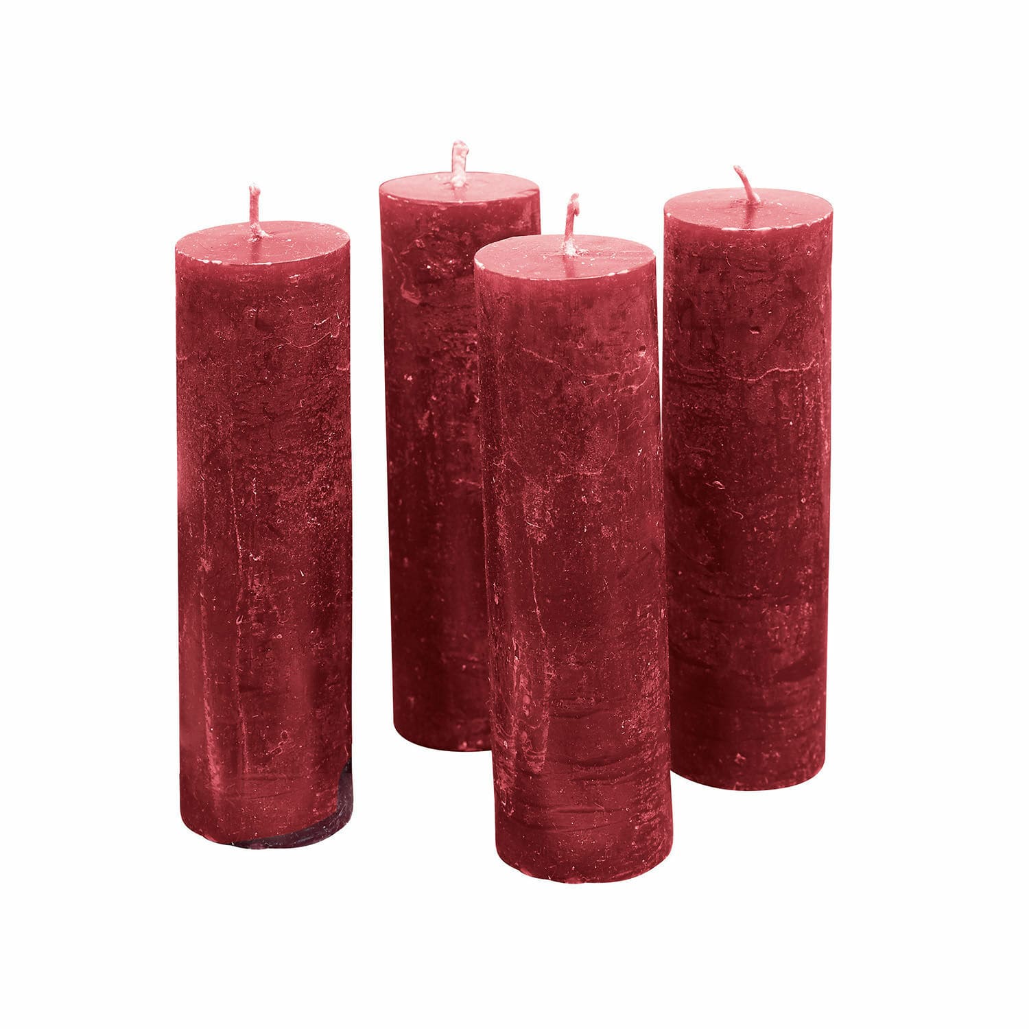 Lot de 4 bougies Muriel Ensemble de quatre bougies bordeaux en cire avec texture rustique pour décoration intérieure