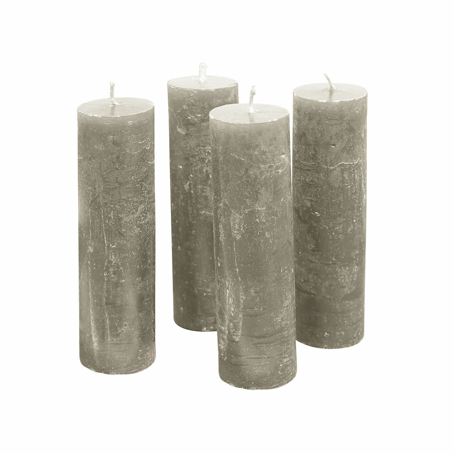 Lot de 4 bougies Muriel Ensemble de quatre bougies en cire grise avec texture rustique pour décoration intérieure