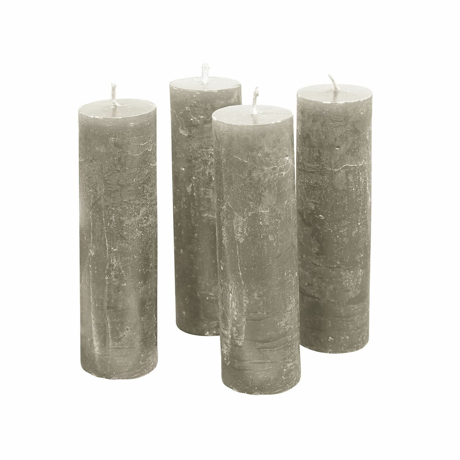 Lot de 4 bougies Muriel Ensemble de quatre bougies en cire grise avec texture rustique pour décoration intérieure