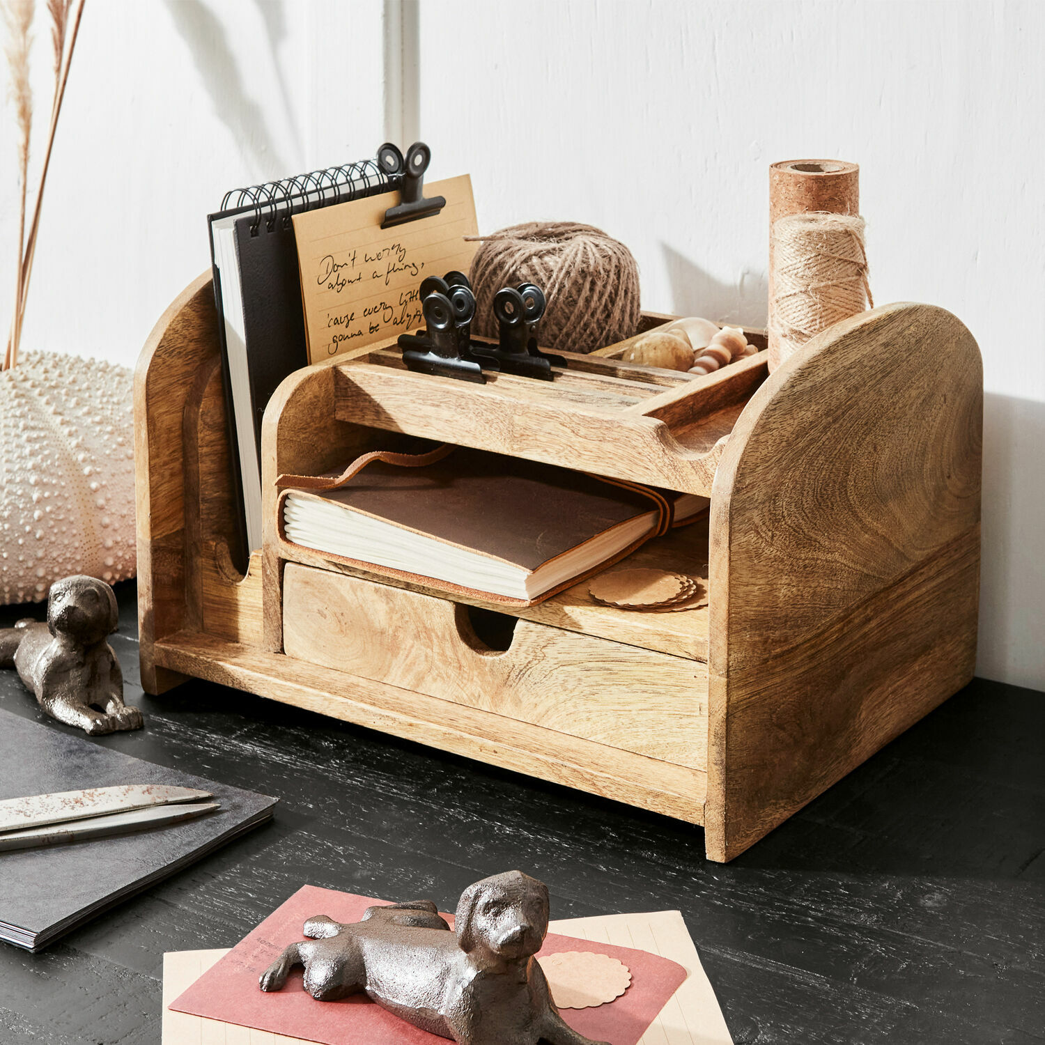 Organiseur Elwood Organisateur de bureau en bois avec tiroir et compartiments pour notes et accessoires d'écriture