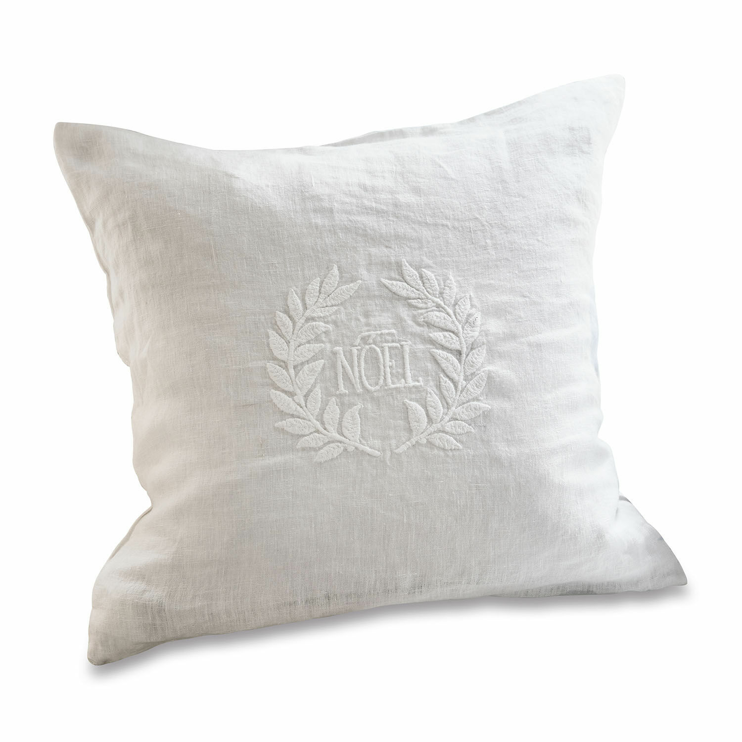 Housse de coussin Noel Housse de coussin en lin blanc avec broderie NOËL et feuilles, décoration de Noël élégante