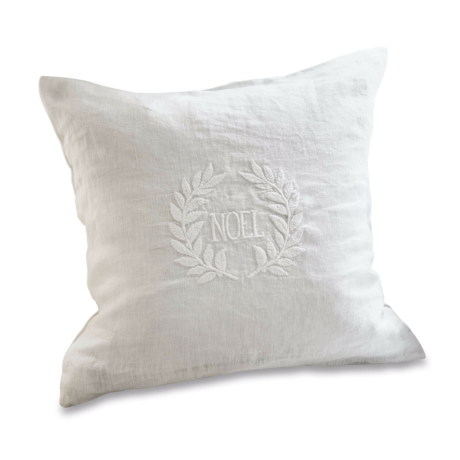 Housse de coussin en lin blanc avec broderie NOËL et feuilles, décoration de Noël élégante