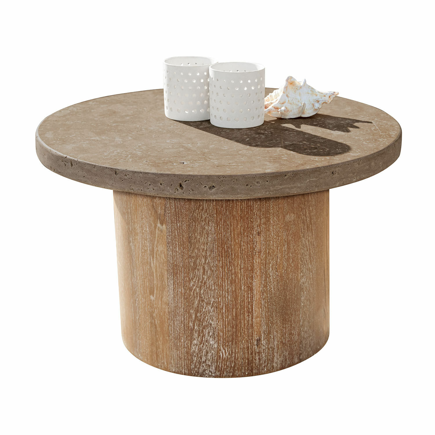 Table basse Clearwater Table basse ronde avec plateau en pierre beige et base en bois naturel clair