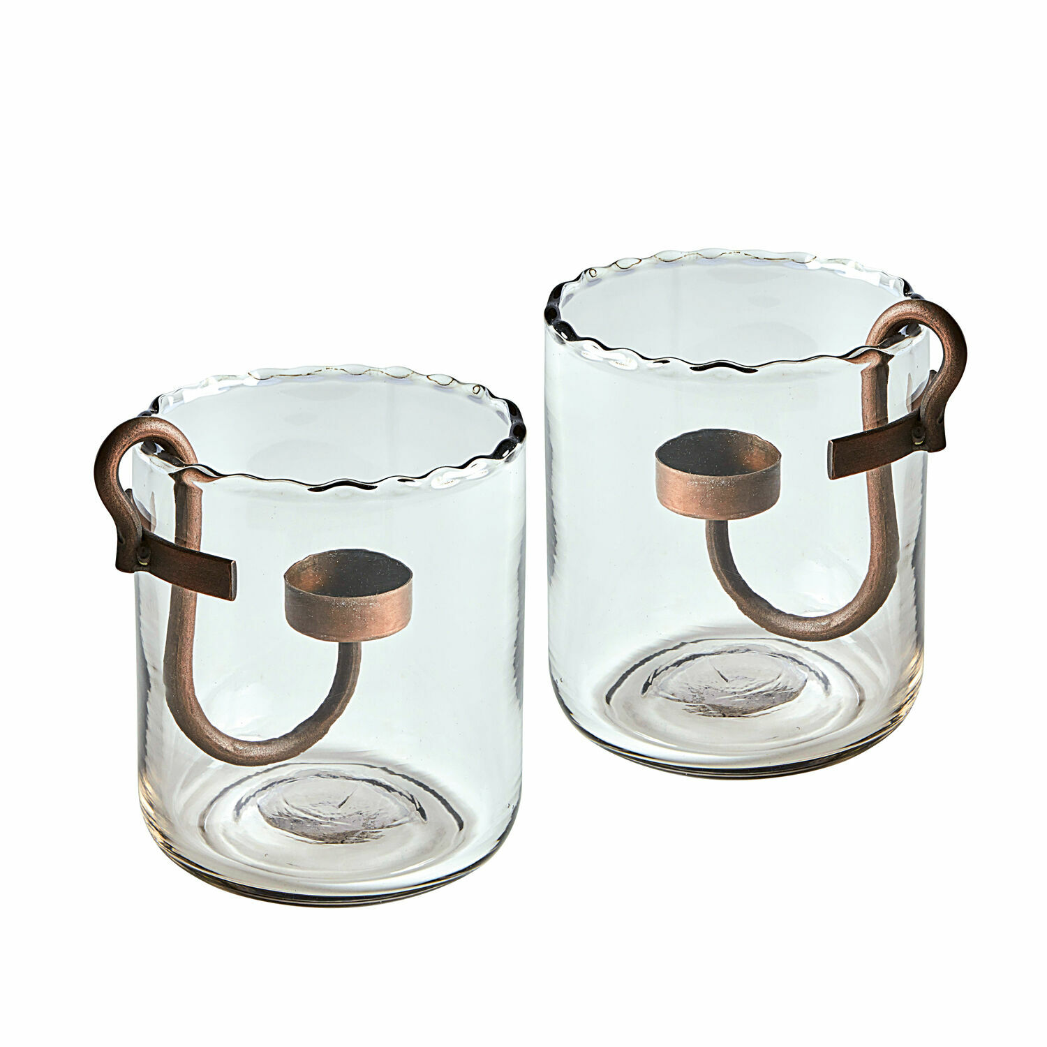 Lot de 2 photophores Lynn Bougeoirs en verre avec poignées en cuivre et bord ondulé, décoration intérieure élégante