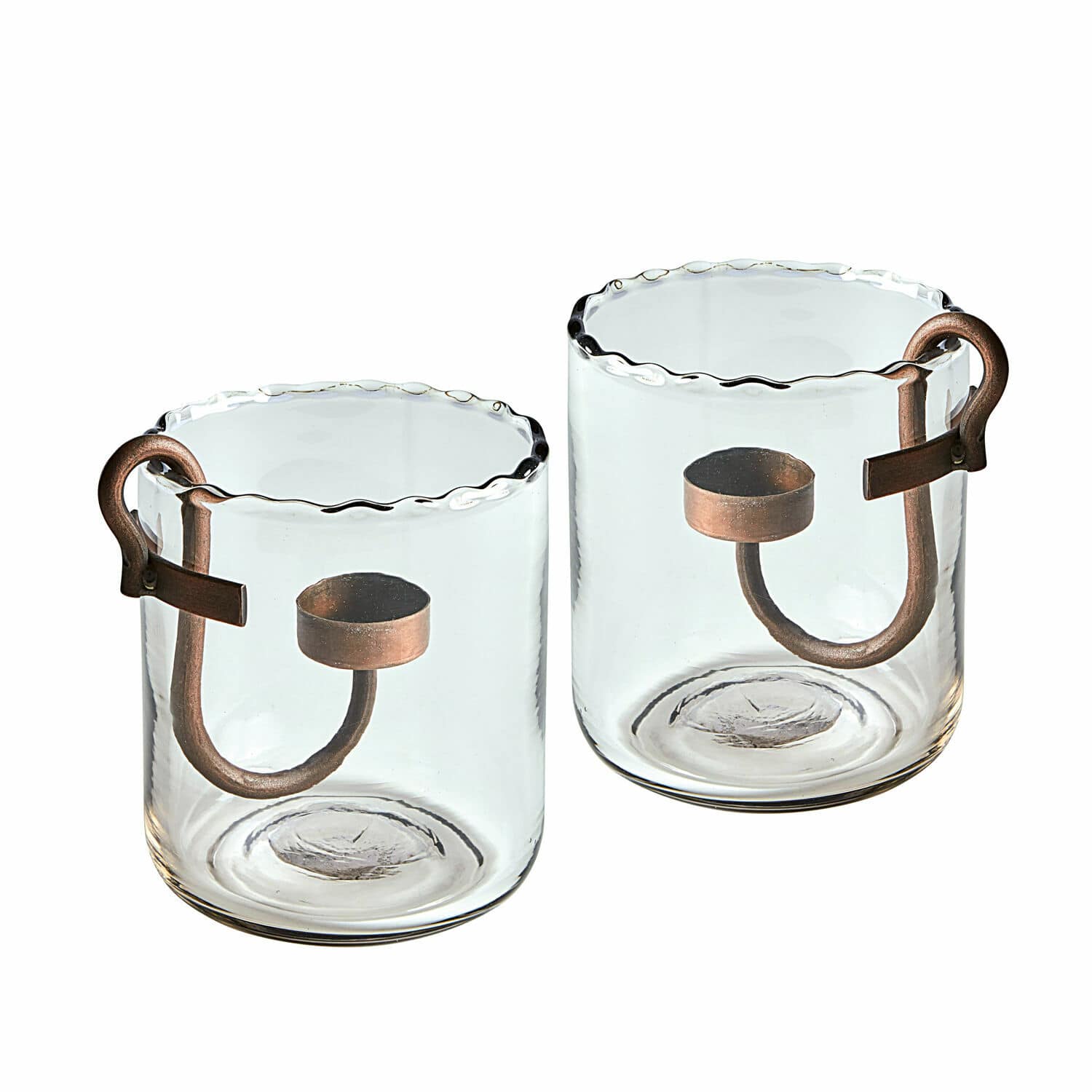 Lot de 2 photophores Lynn Bougeoirs en verre avec poignées en cuivre et bord ondulé, décoration intérieure élégante
