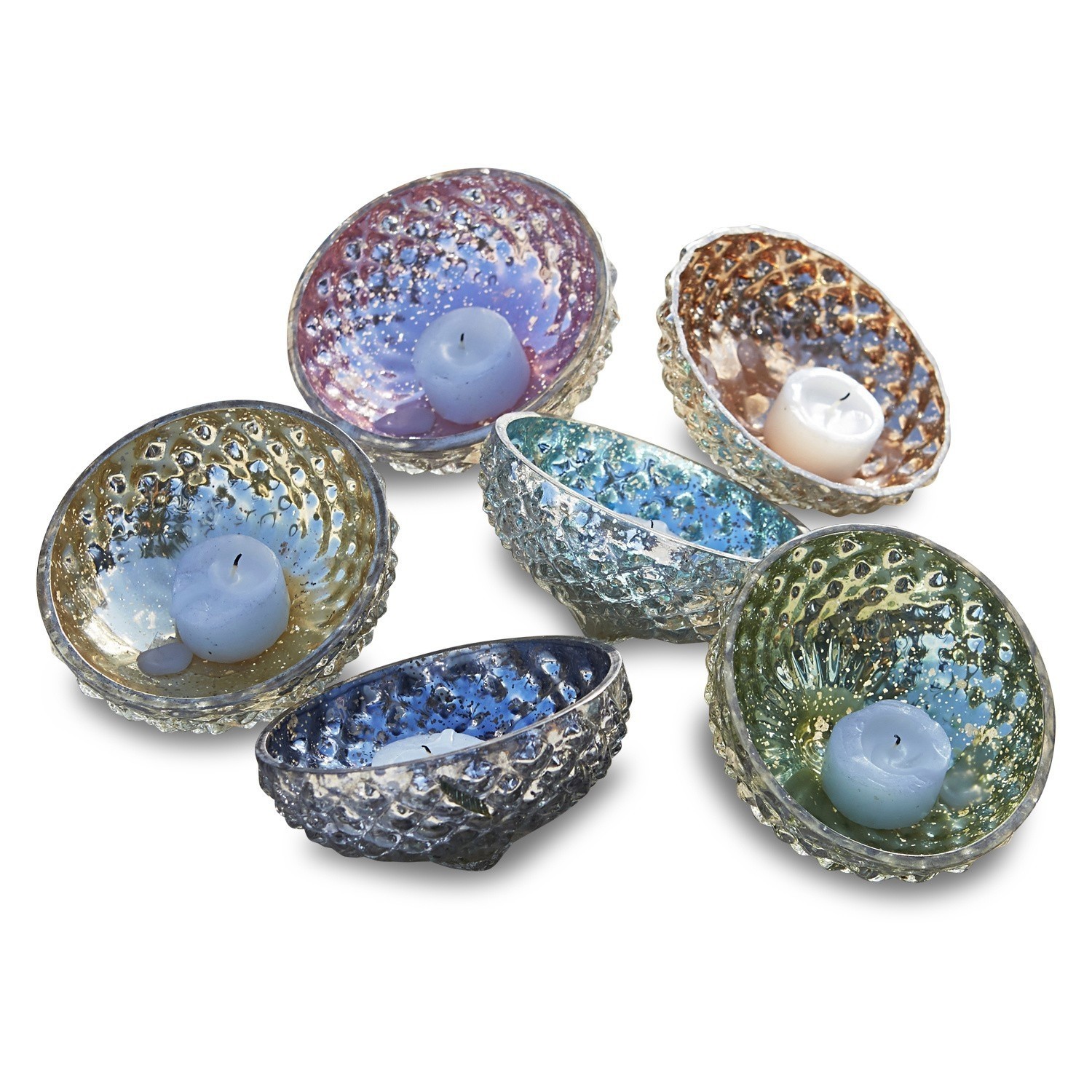 Lot de 6 photophores flottants Leela Ensemble de six photophores en verre coloré texturé avec petites bougies pour décoration intérieure