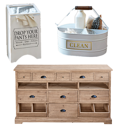 Ensemble de buanderie avec bac à linge blanc, plateau en métal et commode en bois avec tiroirs