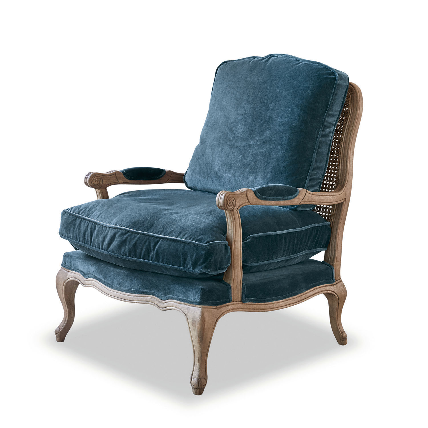 Fauteuil Corlay Fauteuil élégant en bois avec coussins en velours bleu pour un salon confortable et stylé