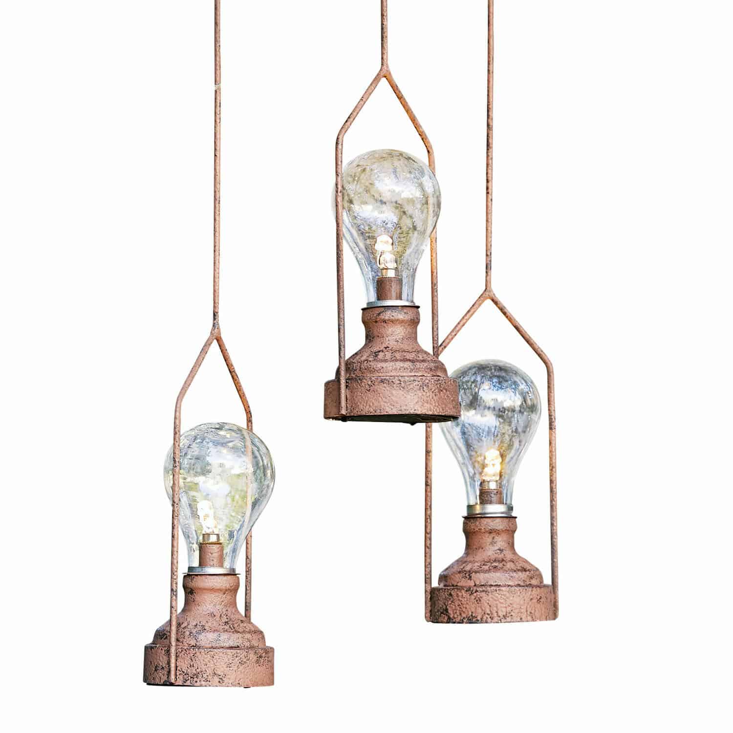 Lot de 3 lanternes LED à suspendre Chambéry Trois suspensions en métal rouillé avec ampoules LED transparentes pour éclairage décoratif