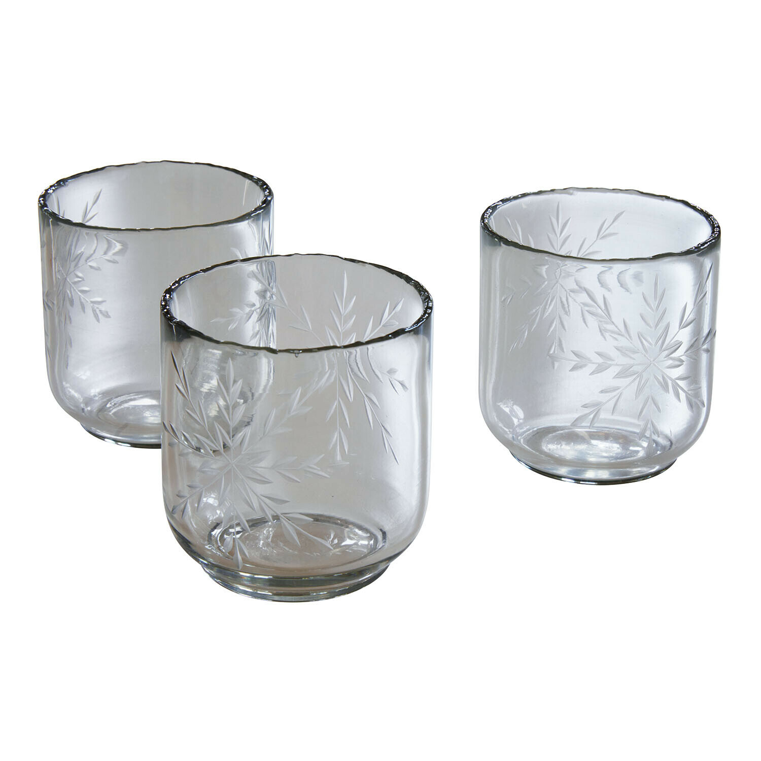 Lot de 3 photophores Selhild Ensemble de trois verres transparents en verre clair avec motif gravé de feuilles