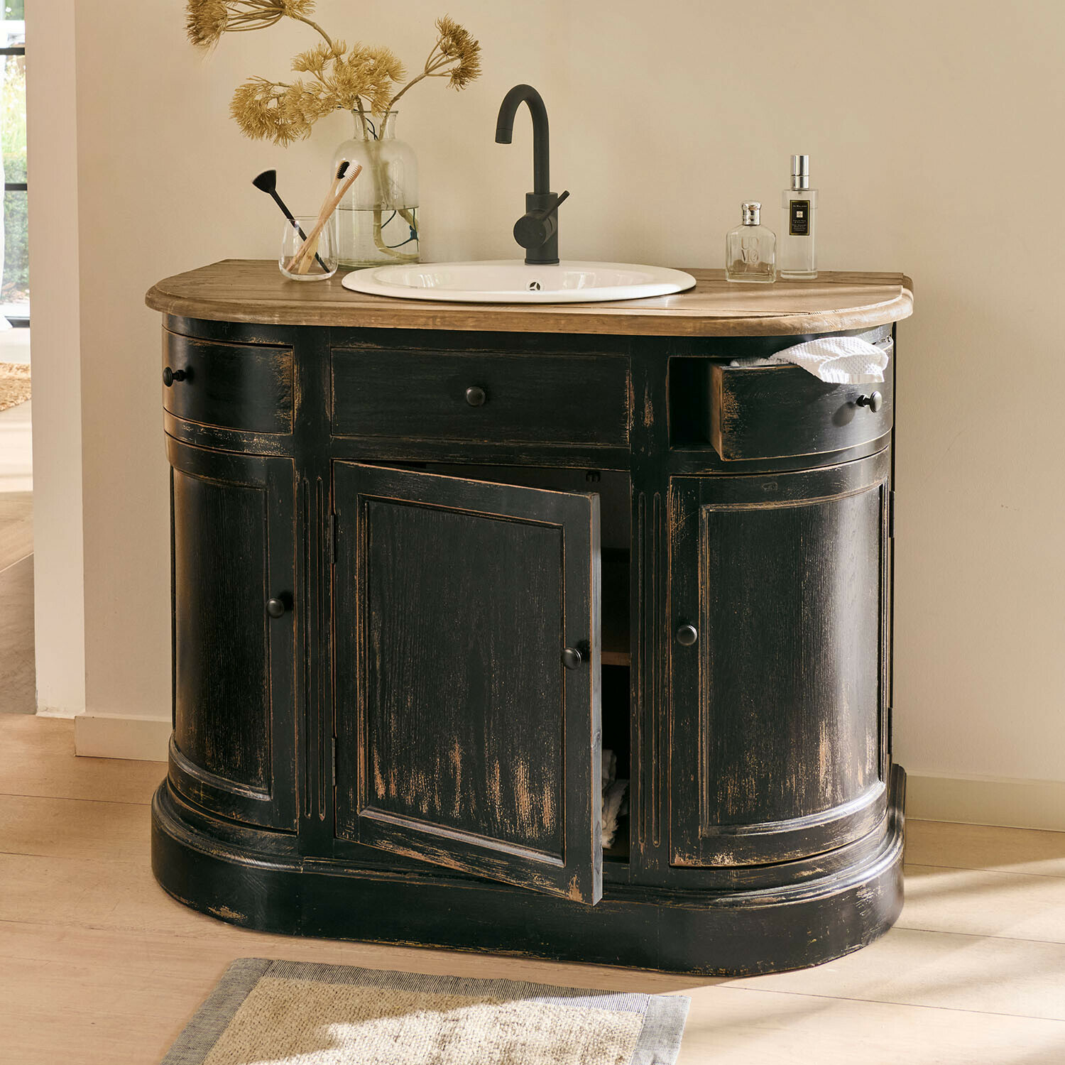Meuble et vasque Louisiana Meuble de salle de bain noir en bois avec lavabo blanc et plan en bois clair, style vintage
