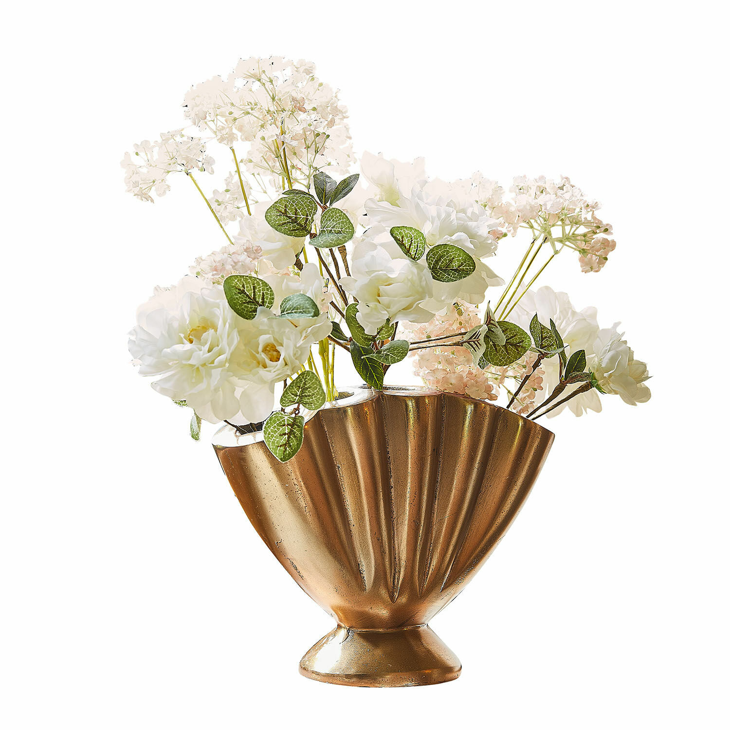 Vase Chavelot Vase doré en métal en forme d'éventail avec fleurs blanches décoratives pour intérieur