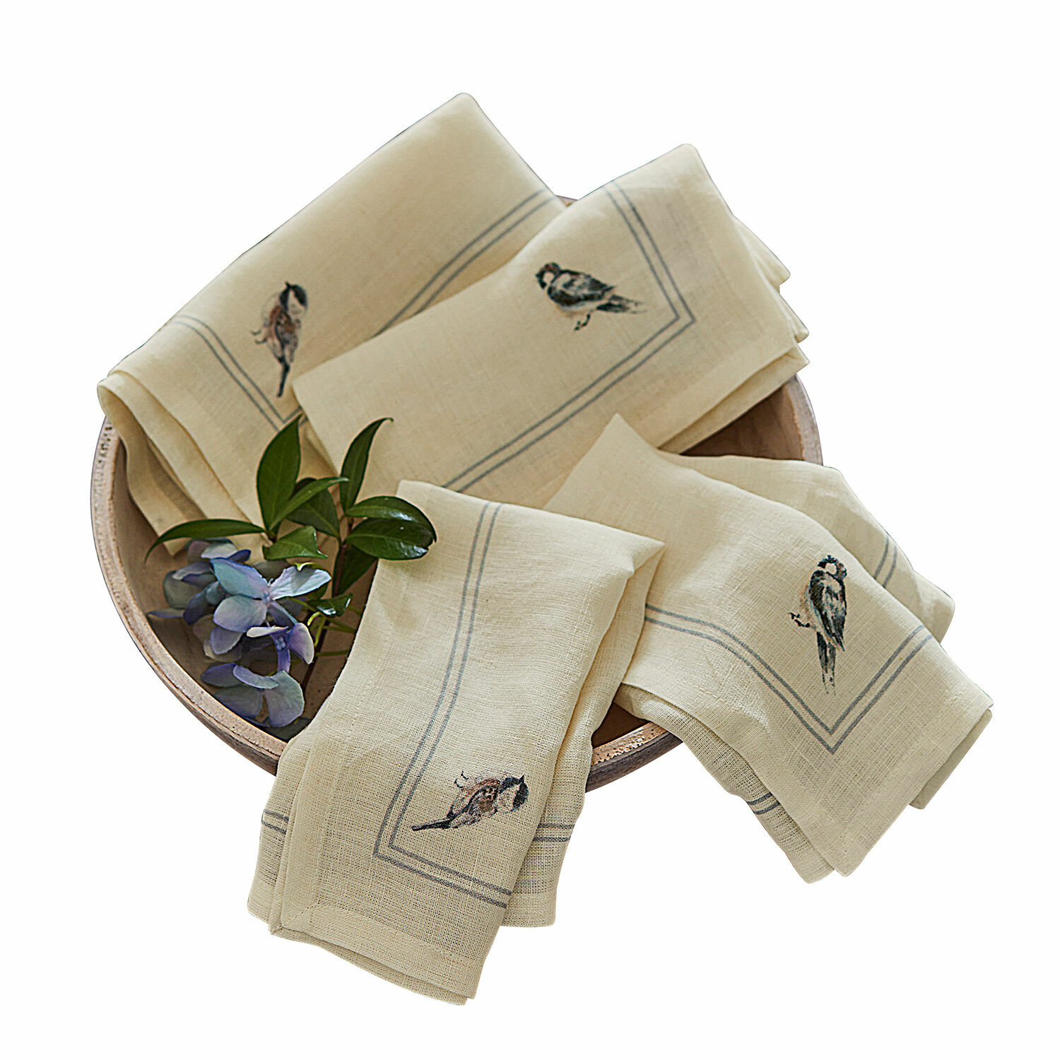 Lot de 4 serviettes de table Taralga Serviettes en lin crème avec motif d'oiseaux, textiles décoratifs pour la salle à manger