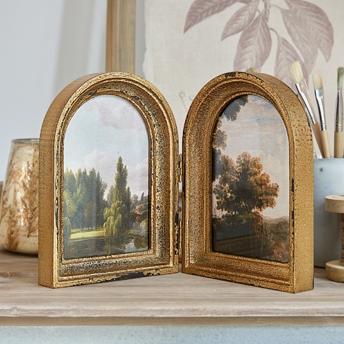 Cadre photo doré pliable à deux volets avec paysage, décoration vintage pour table