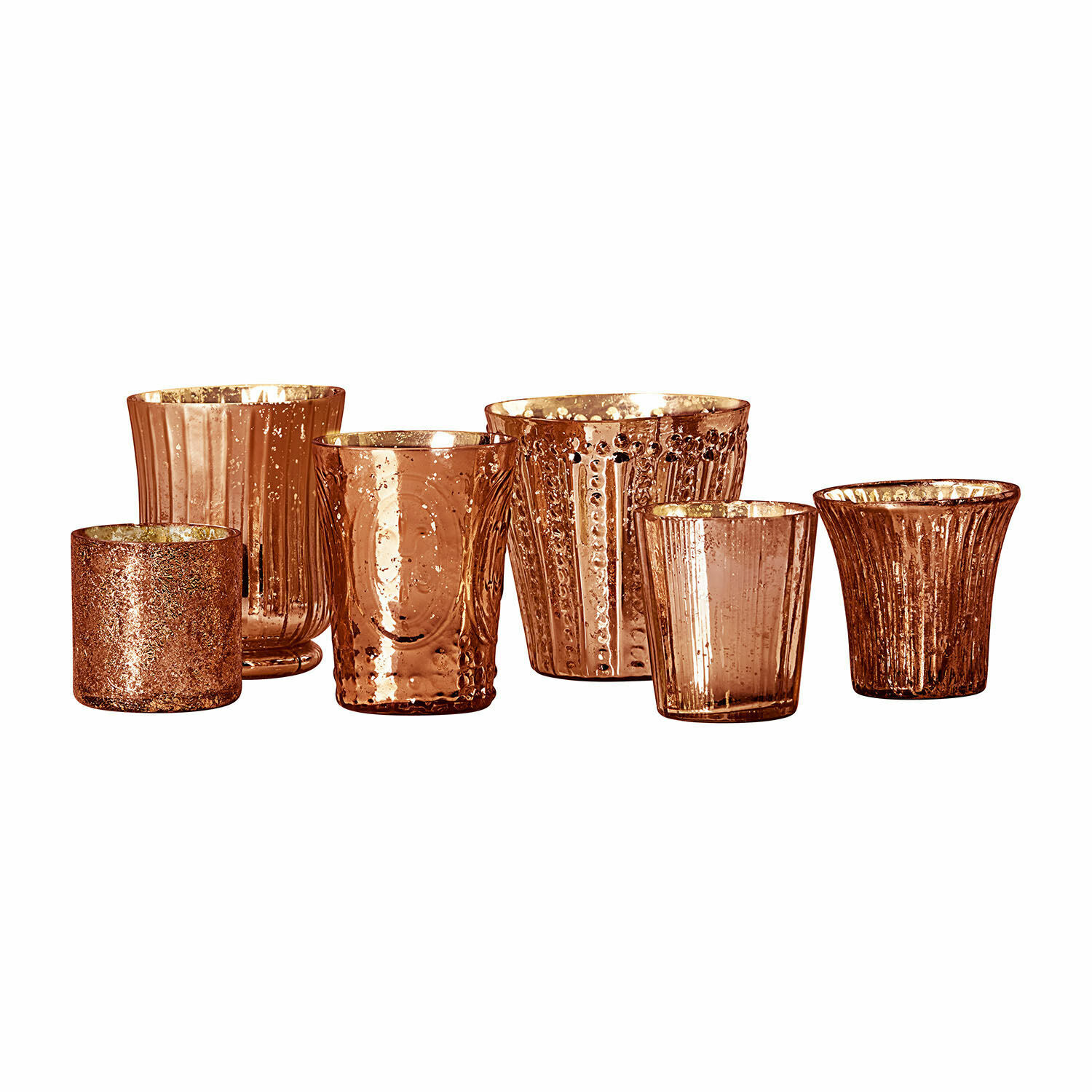 Ensemble de 6 photophores Nouvel en verre cuivré avec textures variées pour décoration intérieure et extérieure