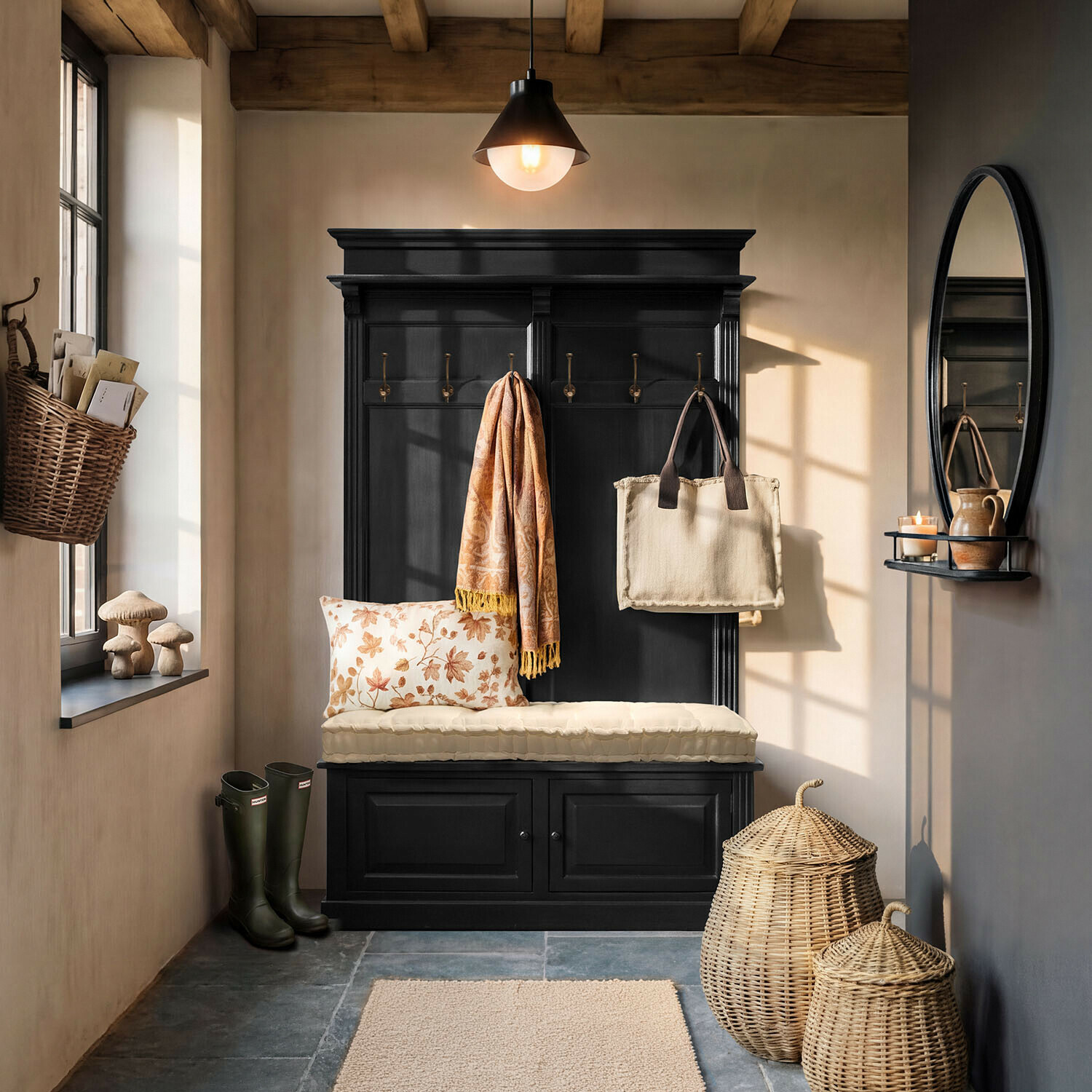 Meuble d’entrée Eldwin Meuble d'entrée noir en bois avec assise et crochets dans un hall chaleureux aux accessoires naturels