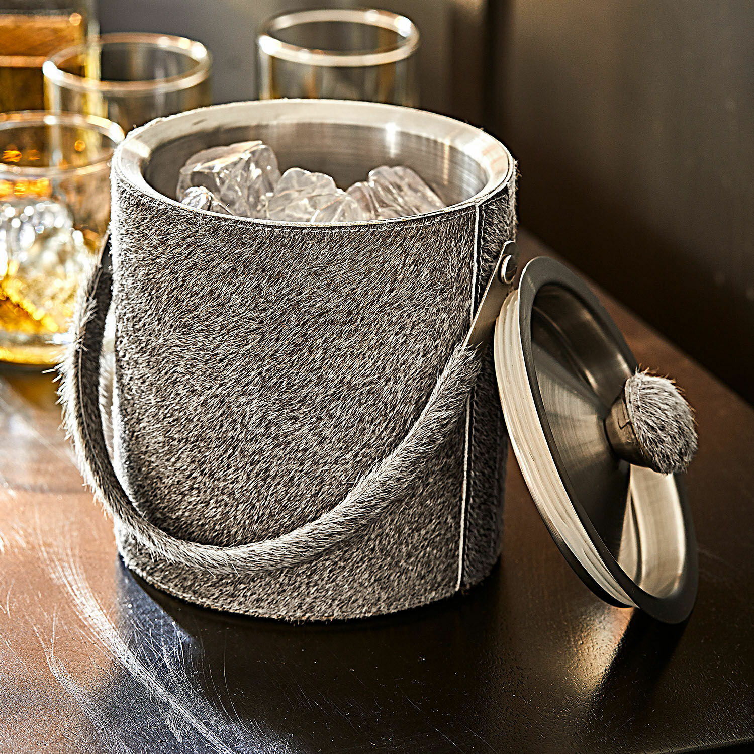 Seau à glaçons Gavrelle Seau à glace en acier inoxydable recouvert de tissu gris poilu avec couvercle et poignée, accessoires de bar