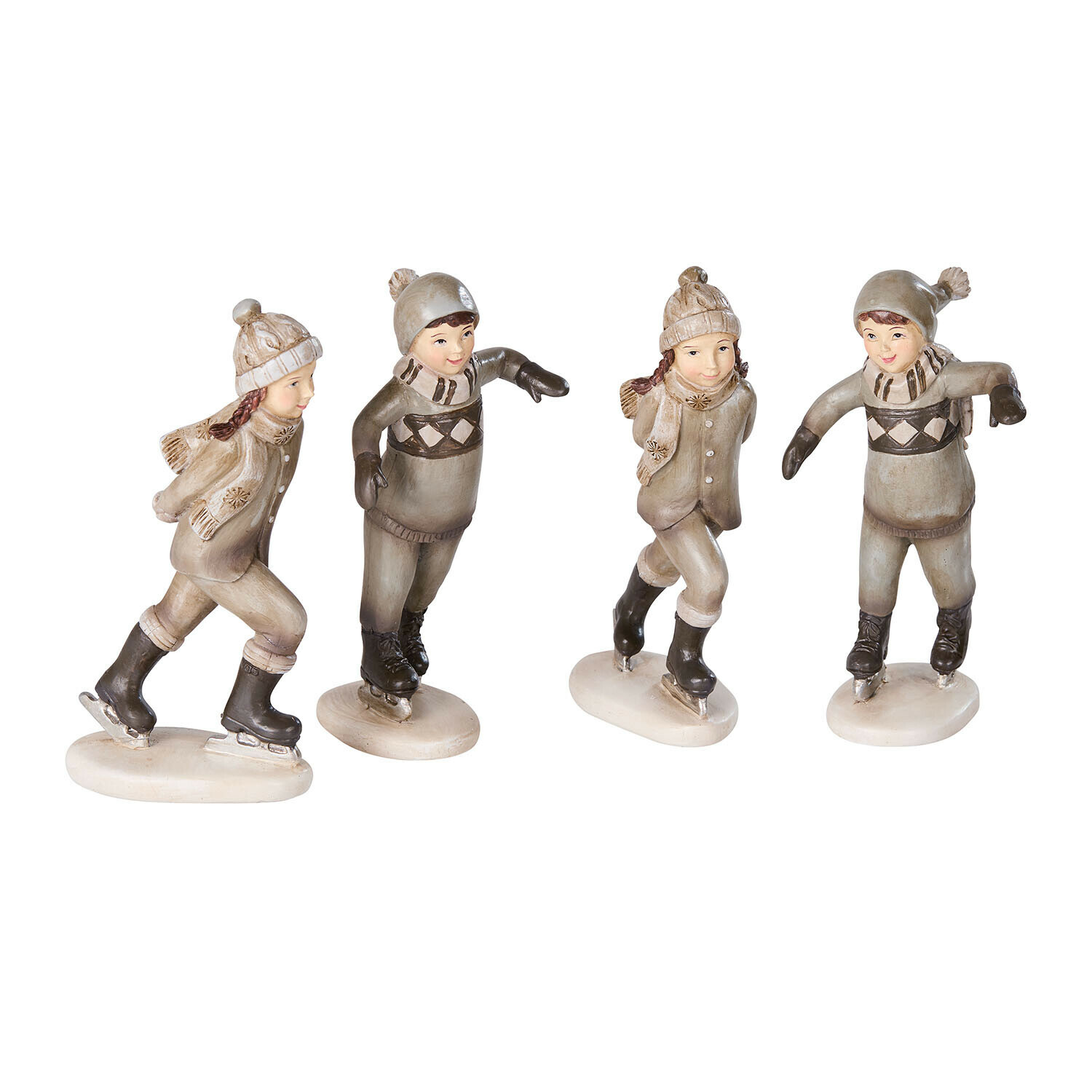 Lot de 4 figurines Mériot Figurines d'enfants en train de patiner en céramique beige et marron, décoration hivernale