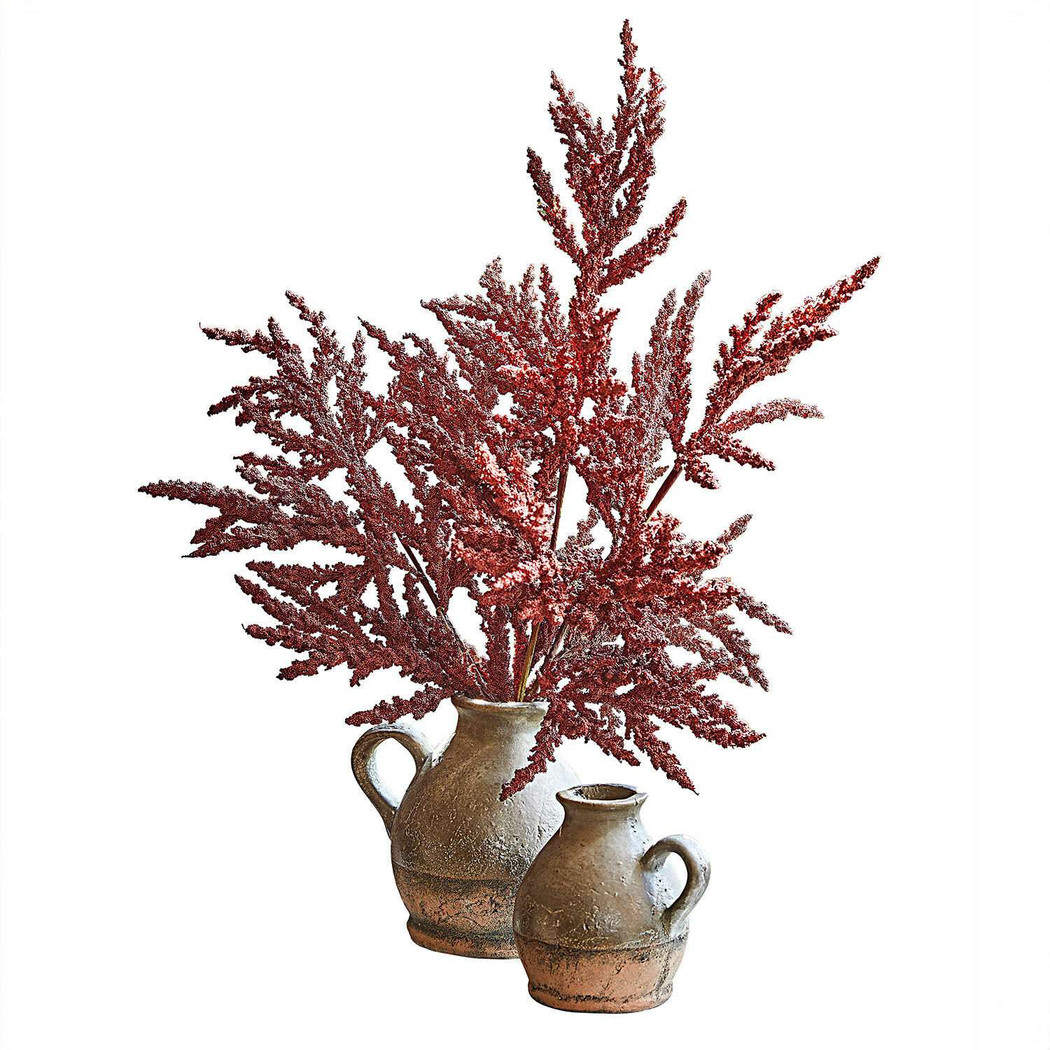 Lot de 3 fleurs décoratives Trivane Deux pichets en terre cuite marron avec des fleurs séchées rouges pour décoration intérieure