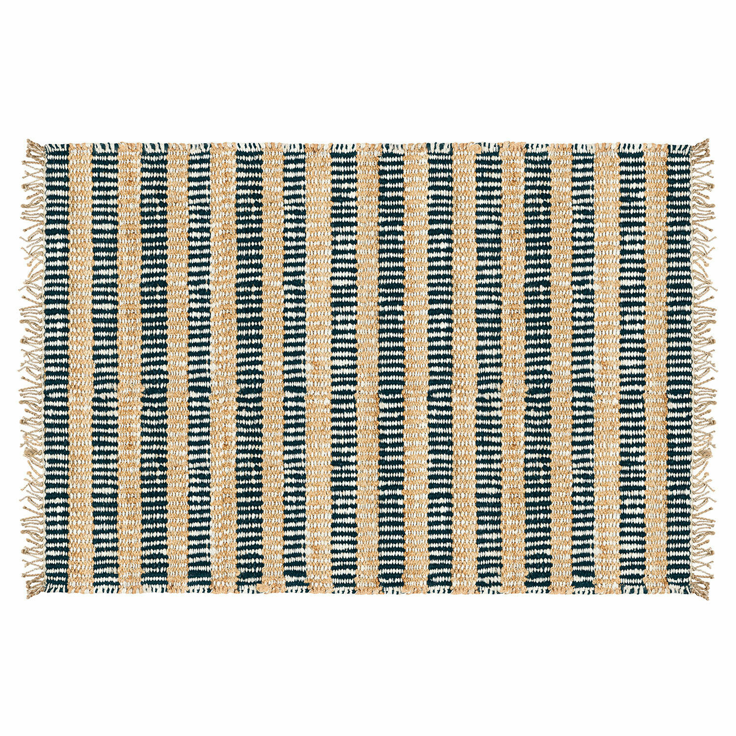 Tapis Kerava beige et bleu à rayures avec franges, tissé en matériaux naturels, décoration intérieure