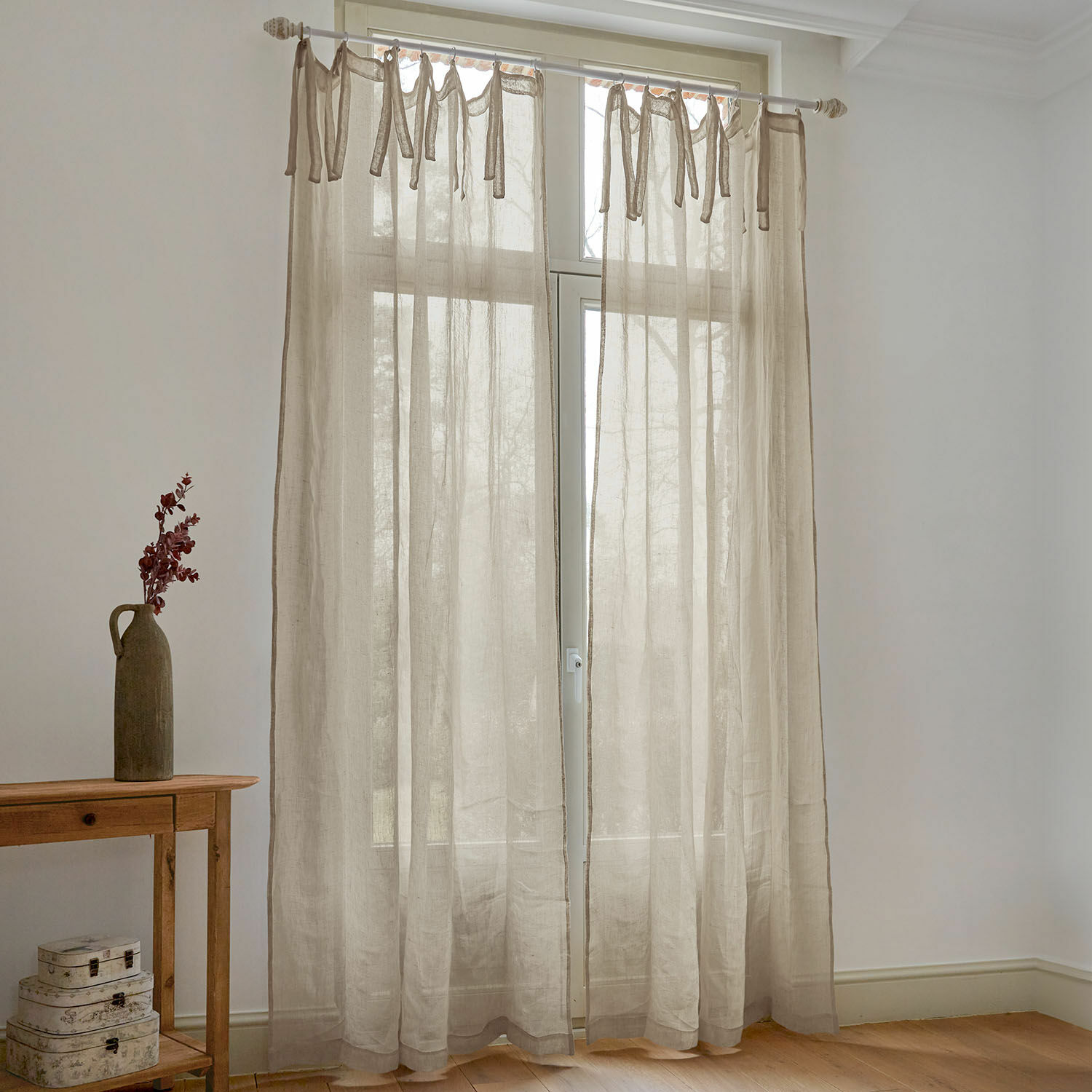 Rideau Velloran Rideau beige en lin avec liens noués, tissu léger pour décoration de fenêtre dans un salon