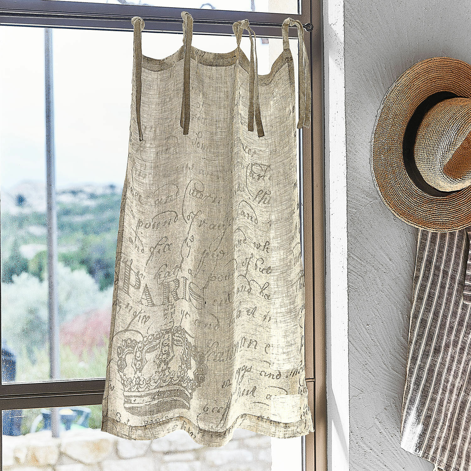 Brise-bise Fleurissant Rideau beige en lin avec imprimé couronne et texte Paris, décoration de fenêtre vintage
