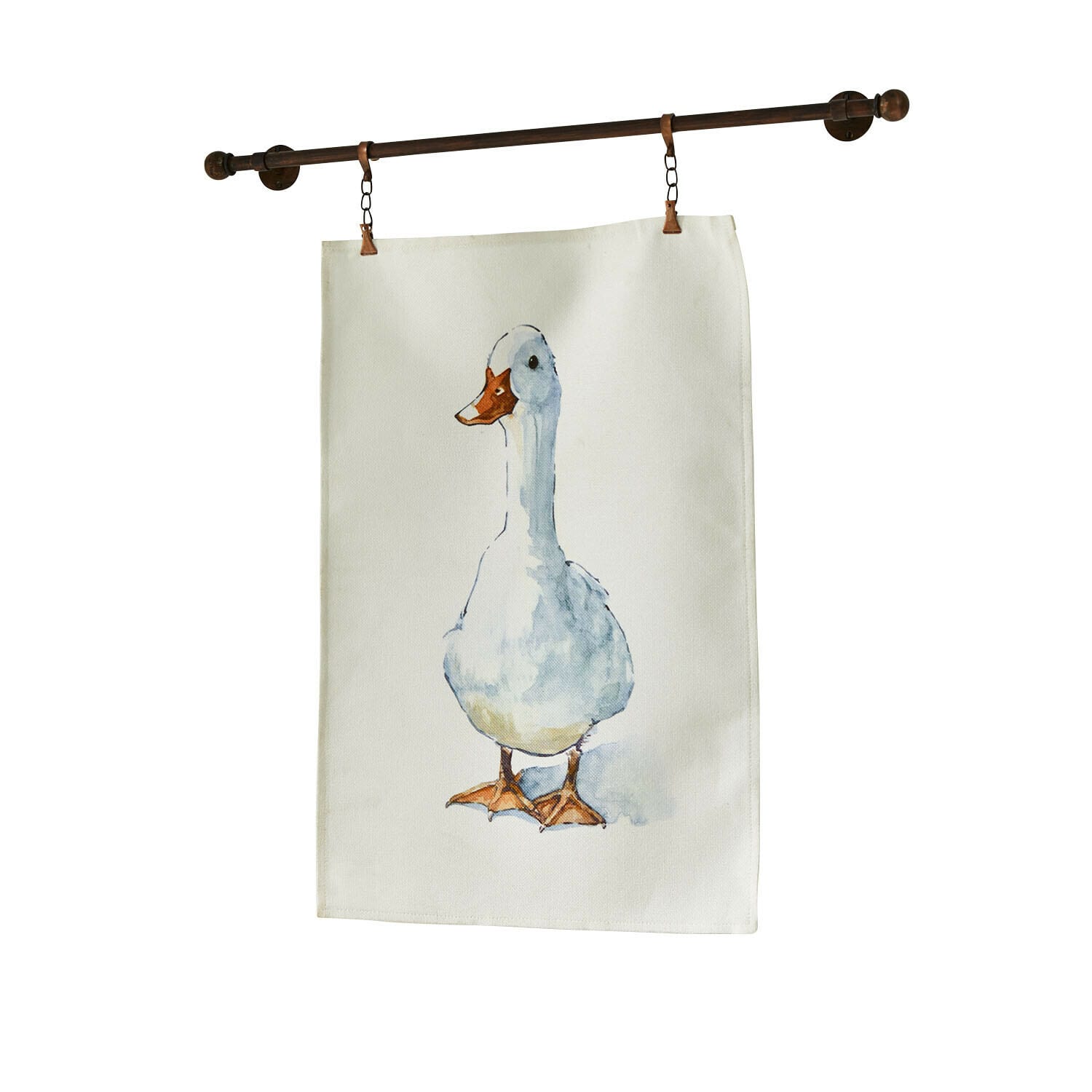 Toile Sunnyo Tissu décoratif beige avec impression d'un canard blanc suspendu à une tringle en métal