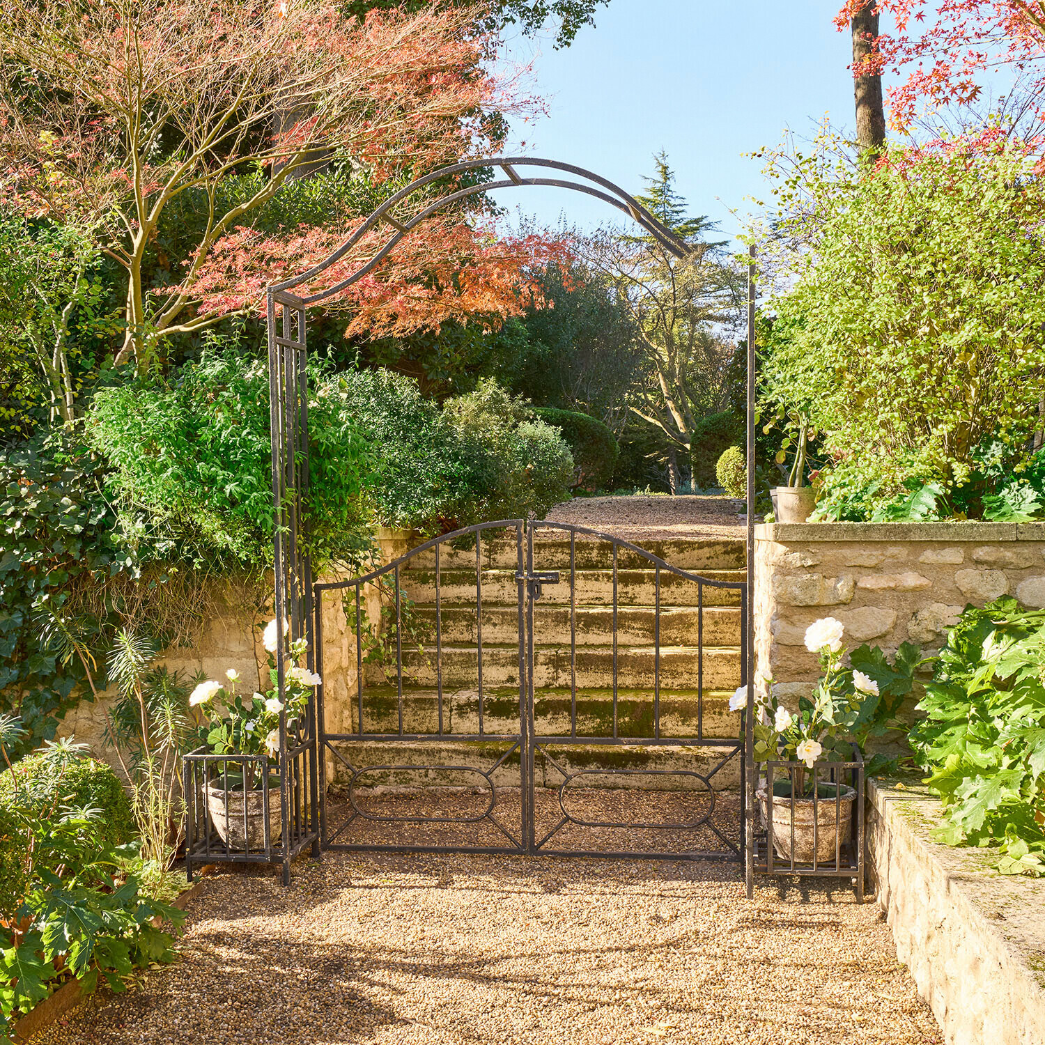 Portail de jardin en métal noir avec arche et pots de fleurs blanches sur chemin de gravier ensoleillé