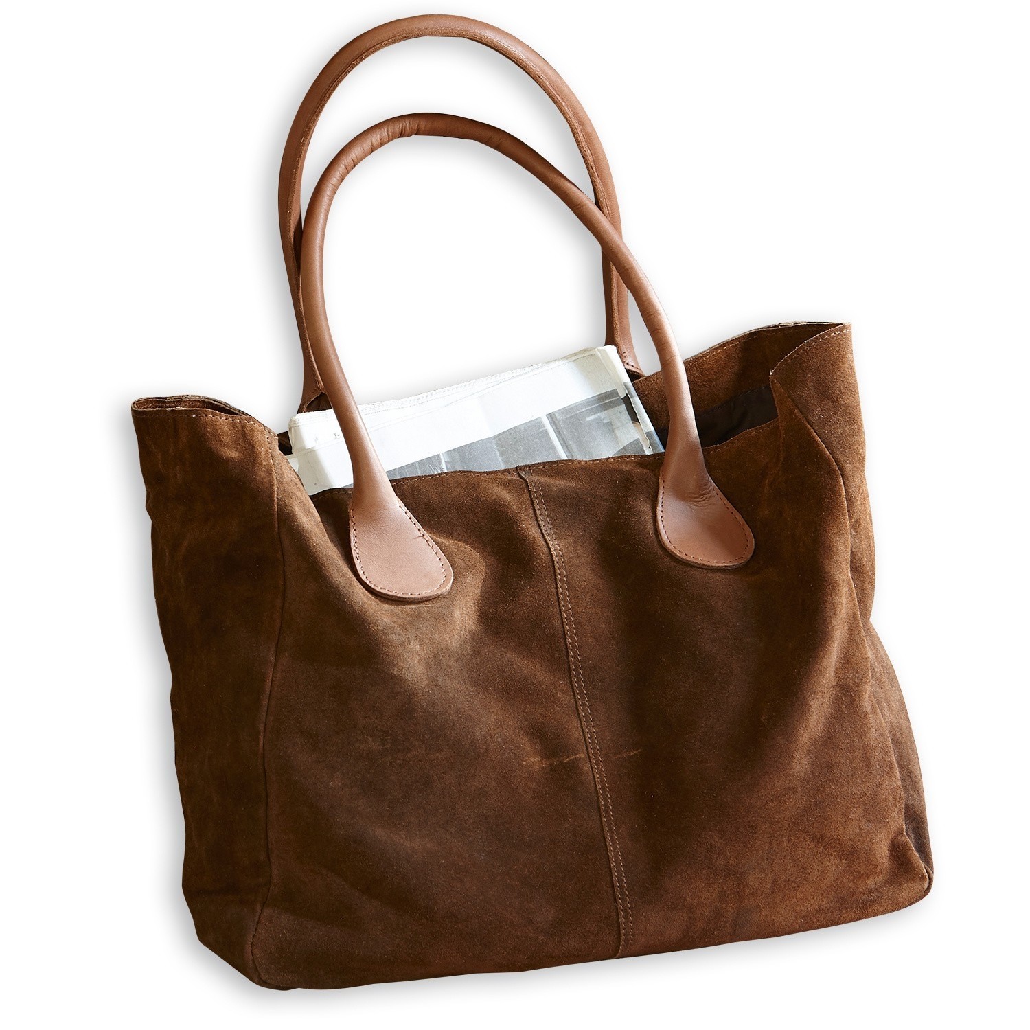 Sac Genevielle Sac en daim marron avec poignées en cuir clair, sac pratique pour courses et usage quotidien