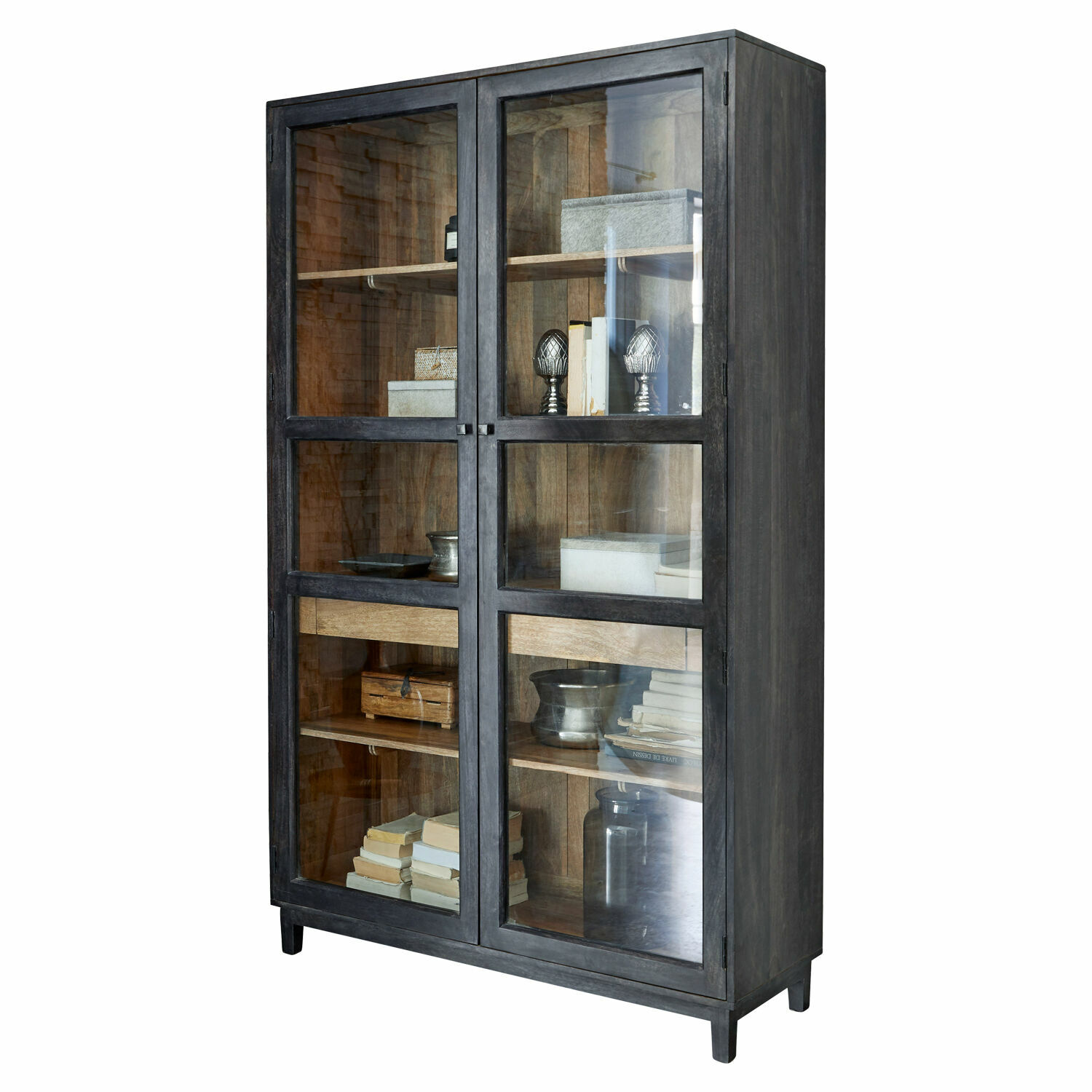 Vitrine Altagracia Vitrine noire en métal avec portes vitrées et étagères en bois pour ranger livres et décorations