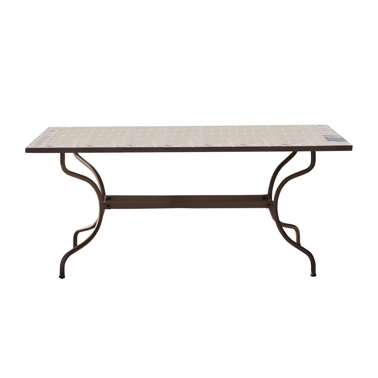 Table Labaroche Table de jardin avec pieds en métal brun et plateau clair en mosaïque, mobilier extérieur