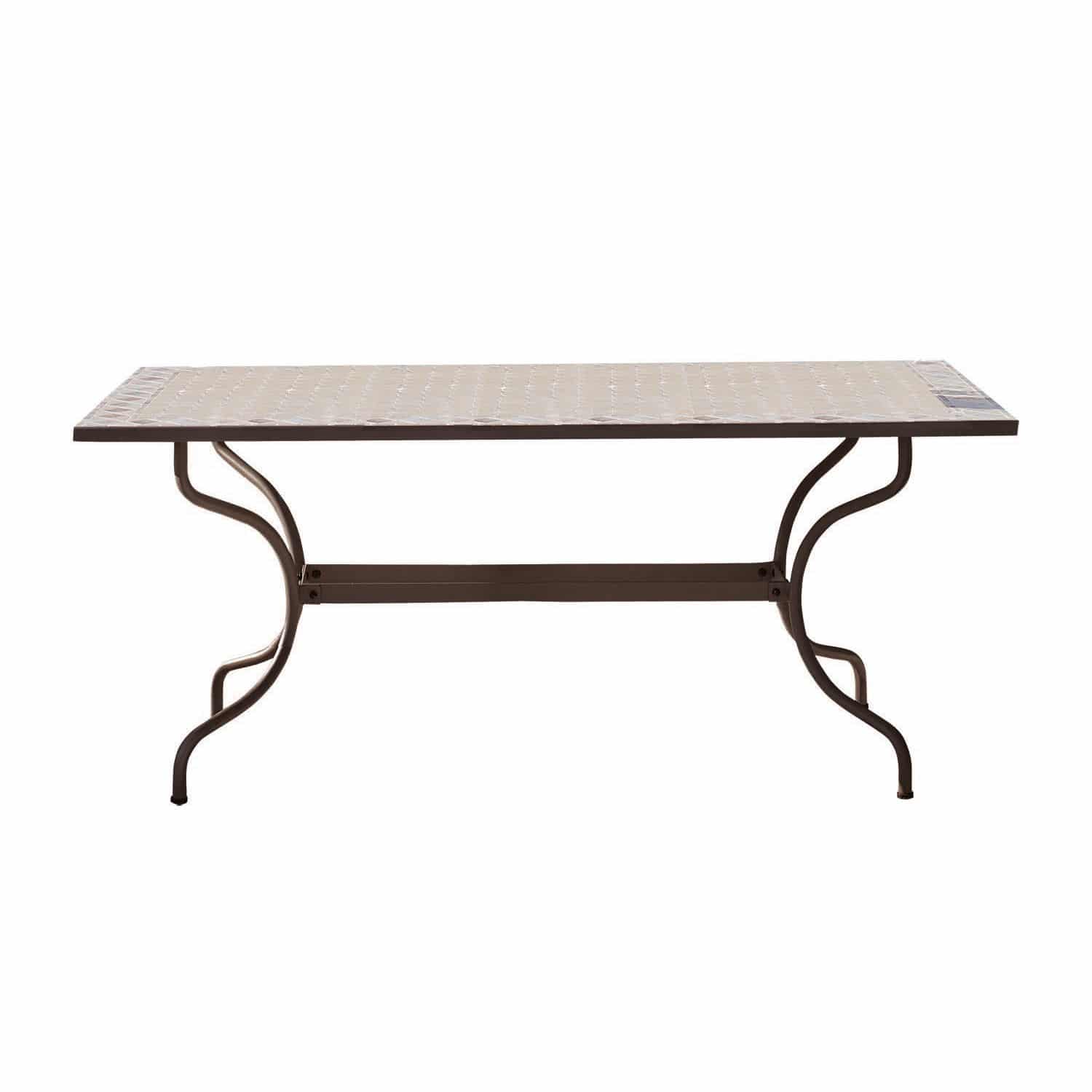 Table Labaroche Table de jardin avec pieds en métal brun et plateau clair en mosaïque, mobilier extérieur