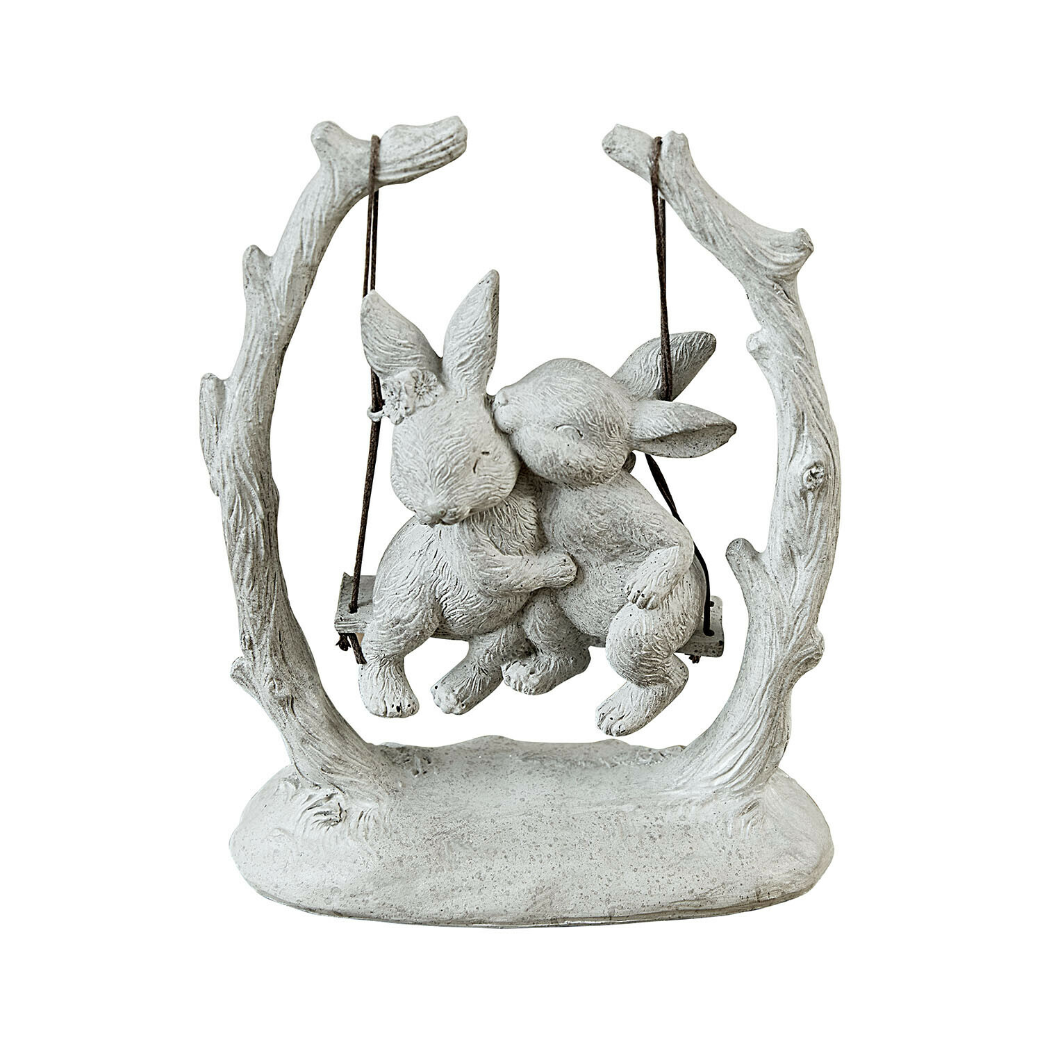 Lapins Nivelles Figurine en pierre grise de deux lapins sur une balançoire en branches, décoration de jardin