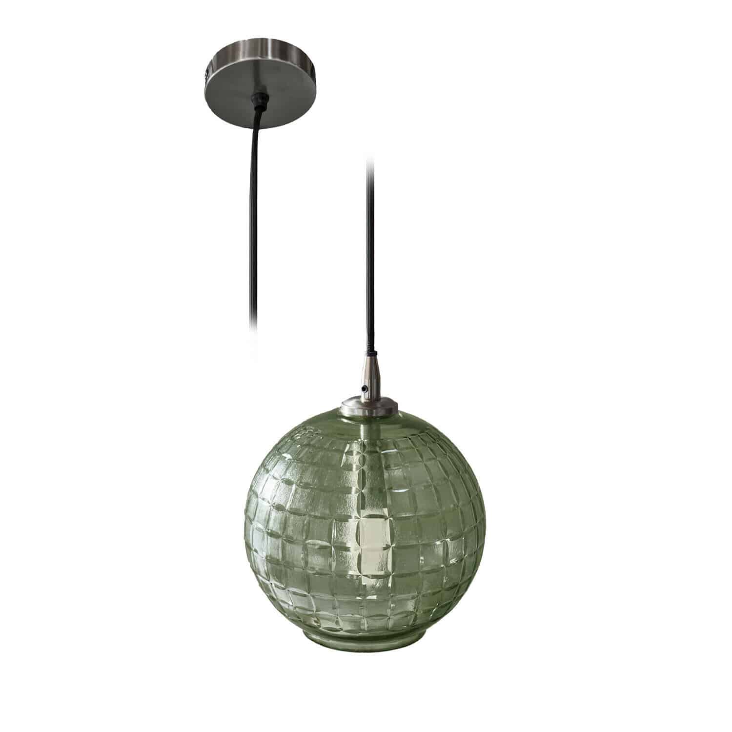 Suspension Lunémis Suspension en verre vert avec support métallique et câble noir, éclairage moderne pour intérieur