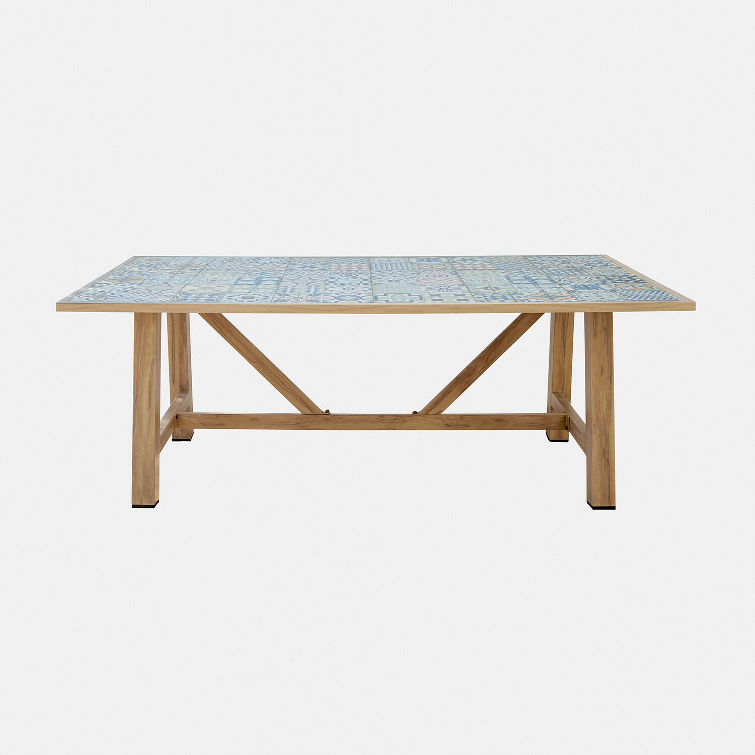 Table Galdorena Table avec base en bois et plateau en carreaux céramiques bleu et blanc, meuble de salle à manger