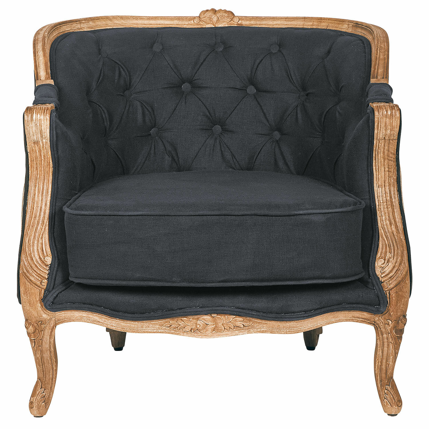 noir Fauteuil Annezay noir en tissu avec cadre en bois sculpté, meuble élégant pour salon