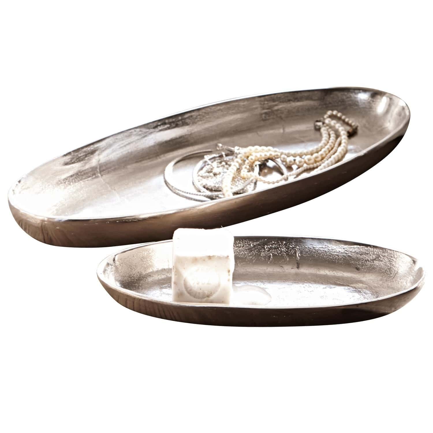 Lot de 2 coupes Marné Plateau ovale en métal argenté avec bijoux et savon, accessoire décoratif élégant pour la maison