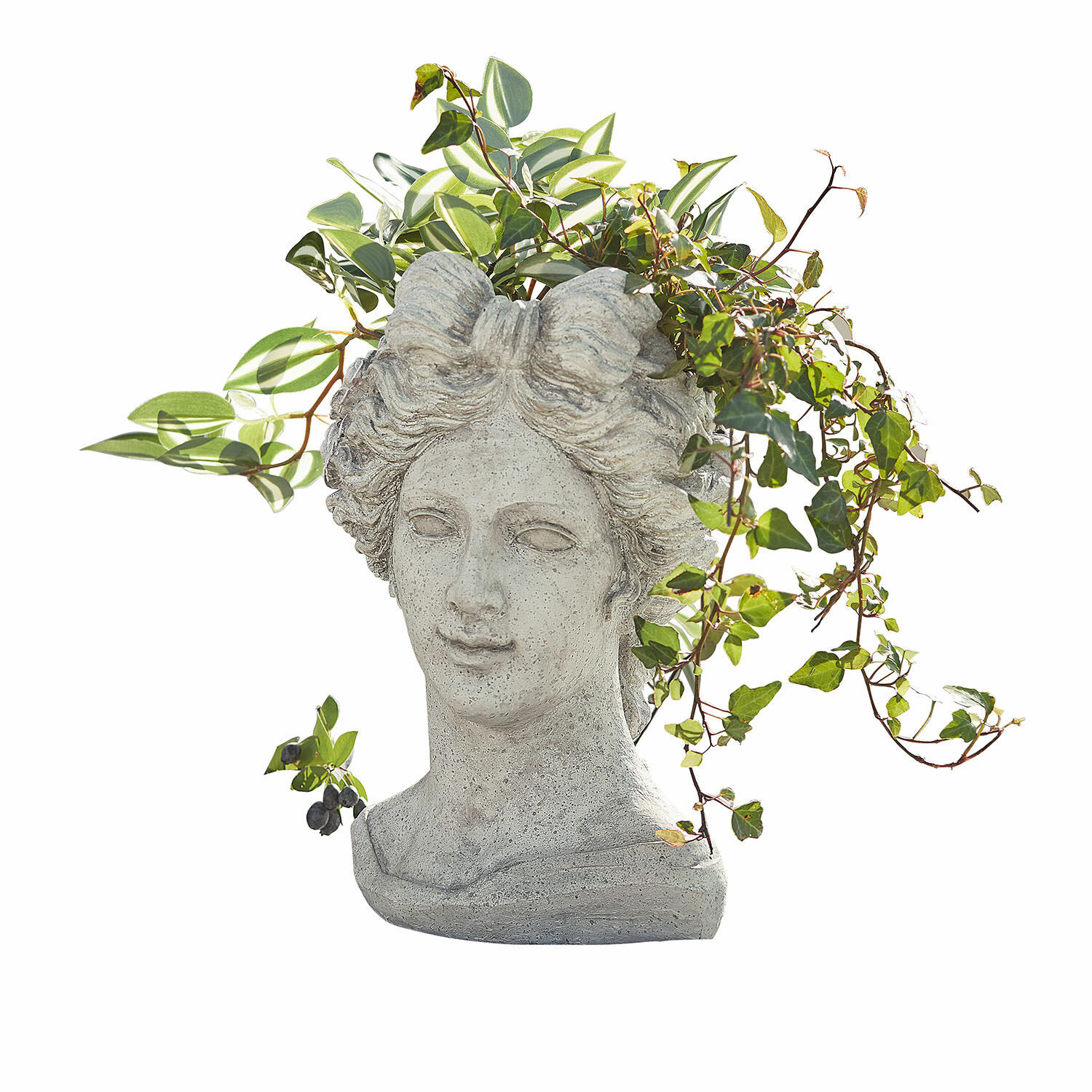 Cache-pot Cassiopeia Cache-pot en forme de tête de femme en pierre grise avec plantes vertes, décoration de jardin