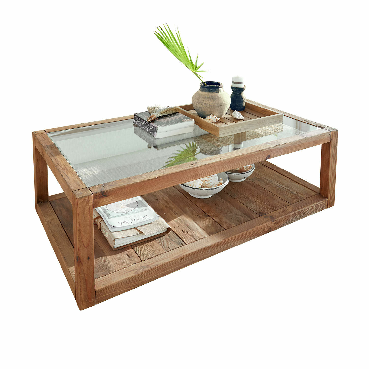 Table basse Goldenfield Table basse en bois naturel avec plateau en verre et décorations, meuble de salon