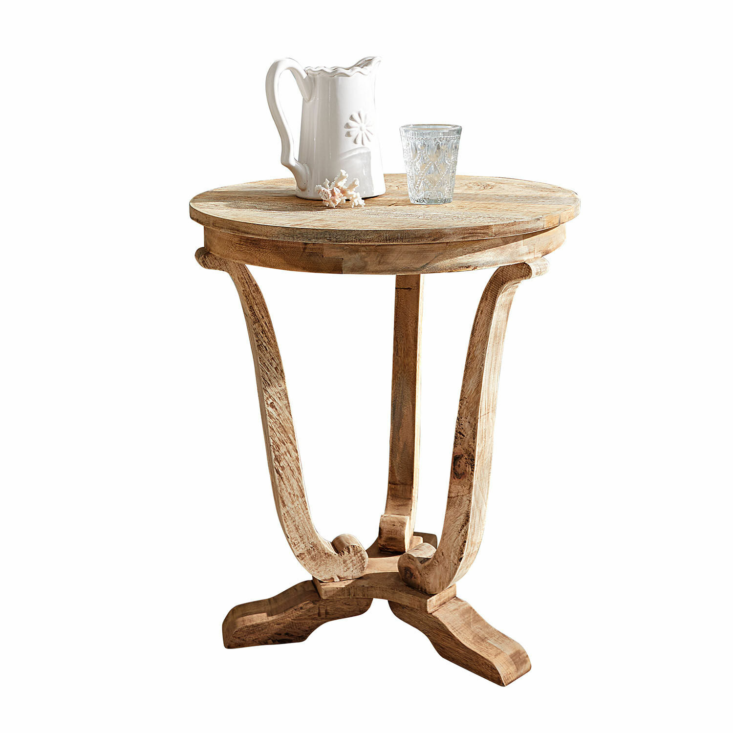 Table d'appoint Venzone Table ronde en bois de manguier naturel avec pichet blanc et verre décoratif posé dessus